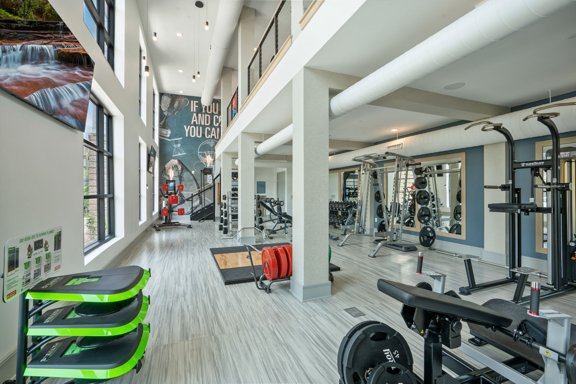 The fitness center at Flats on Front apartments in Wilmington, NC.