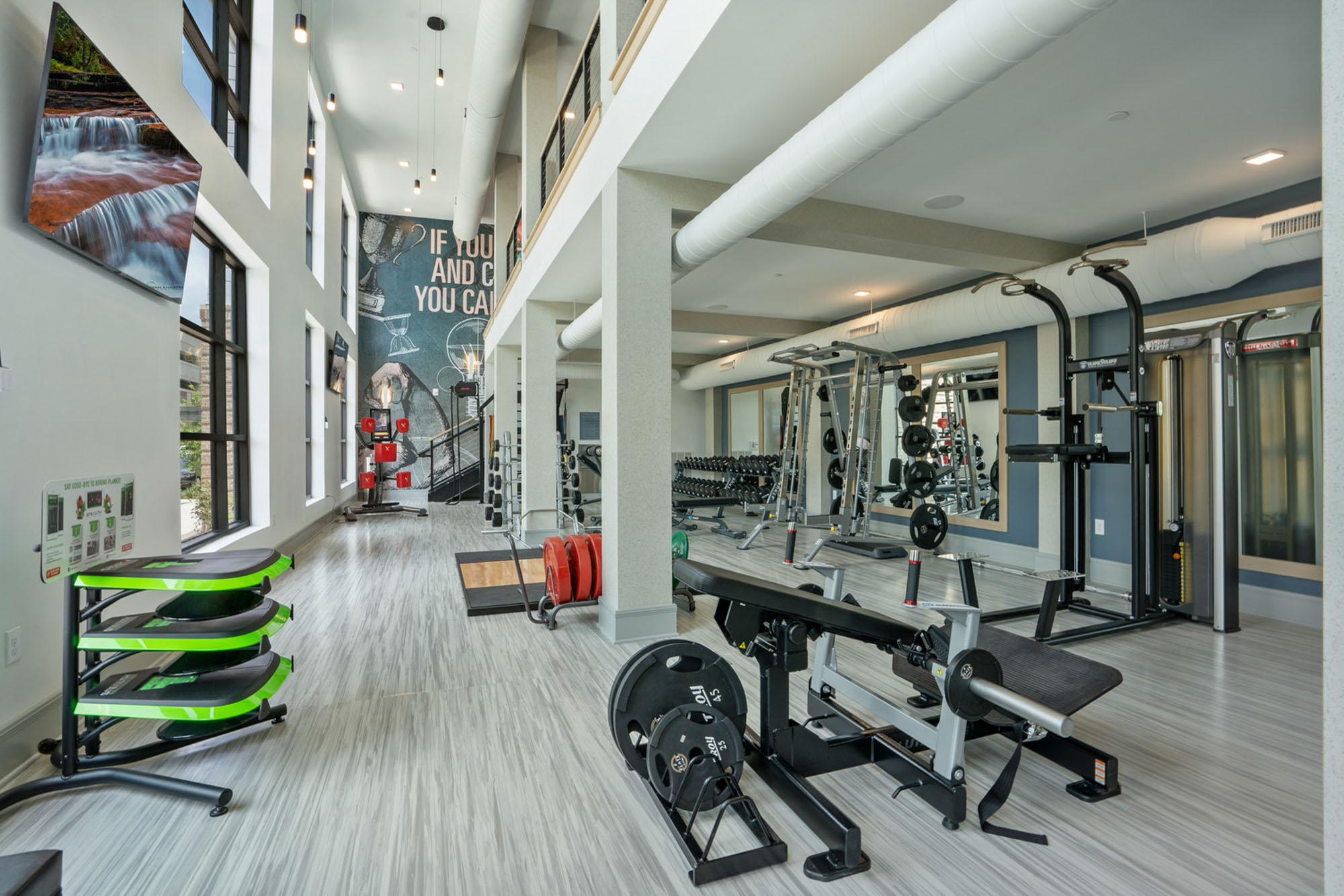 The fitness center at Flats on Front apartments in Wilmington, NC.