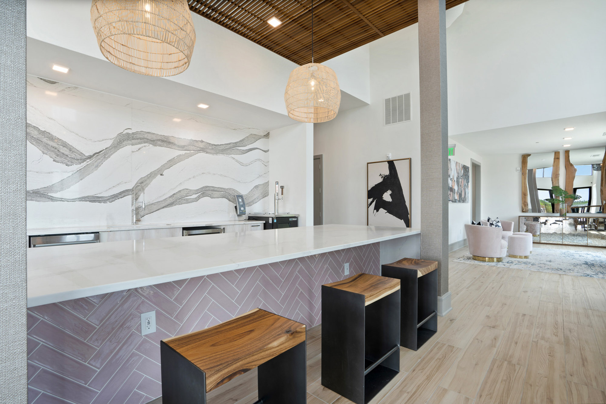 The kitchen at Flats on Front apartments in Wilmington, NC.