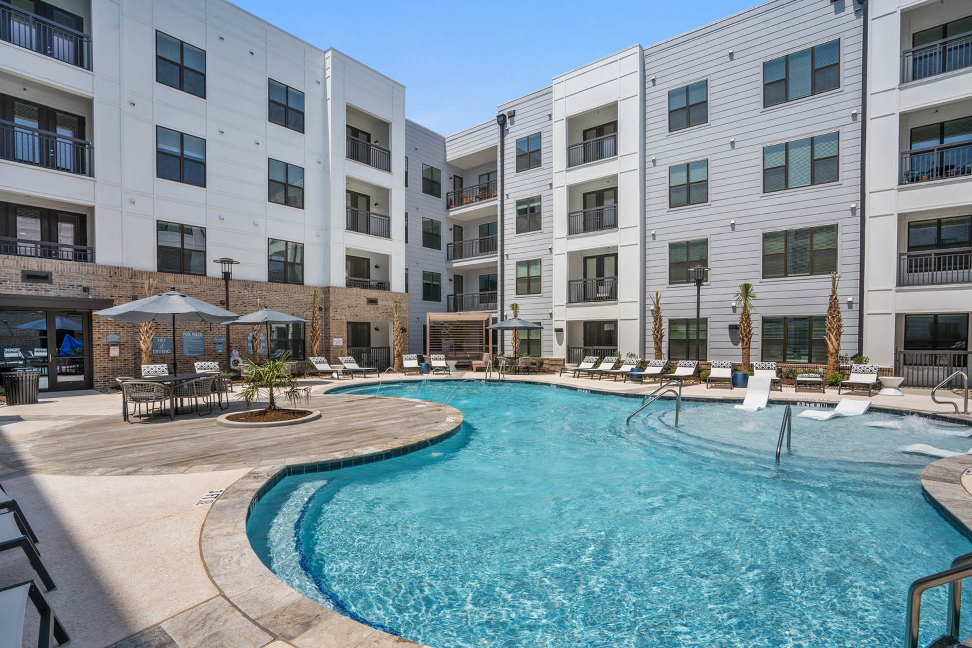 The pool area at Flats on Front apartments in Wilmington, NC.