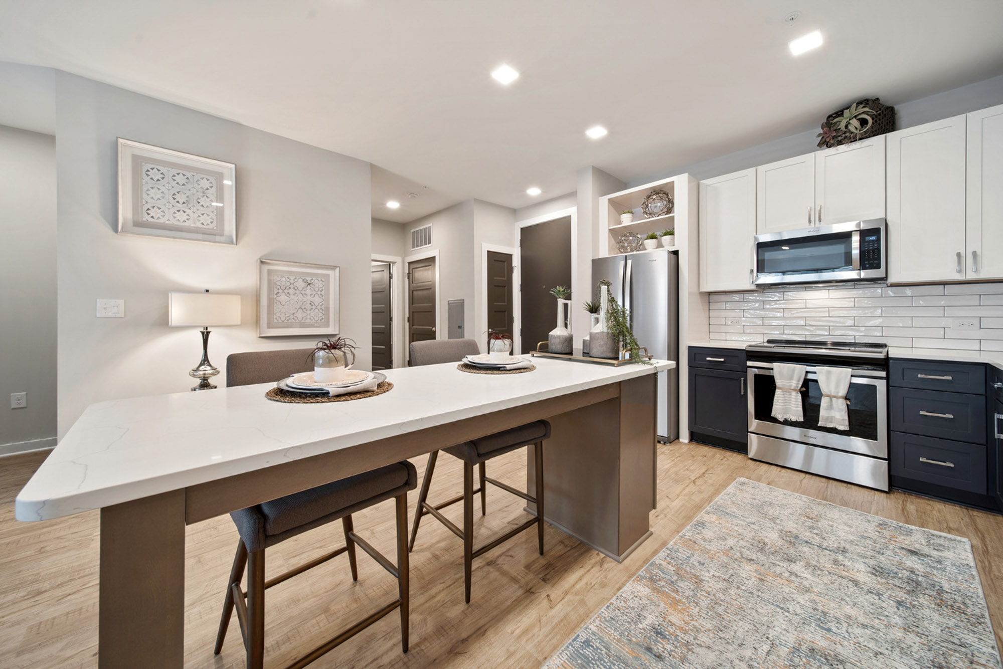 The kitchen in a Flats on Front apartment in Wilmington, NC.