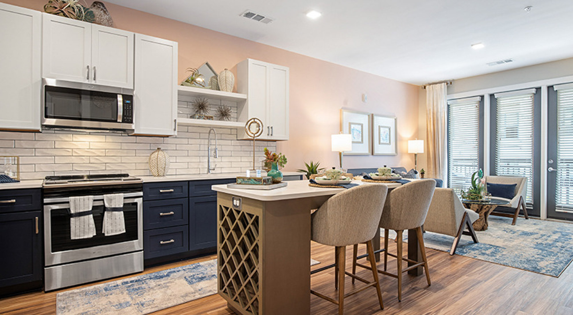 The kitchen in a Flats on Front apartment in Wilmington, NC.