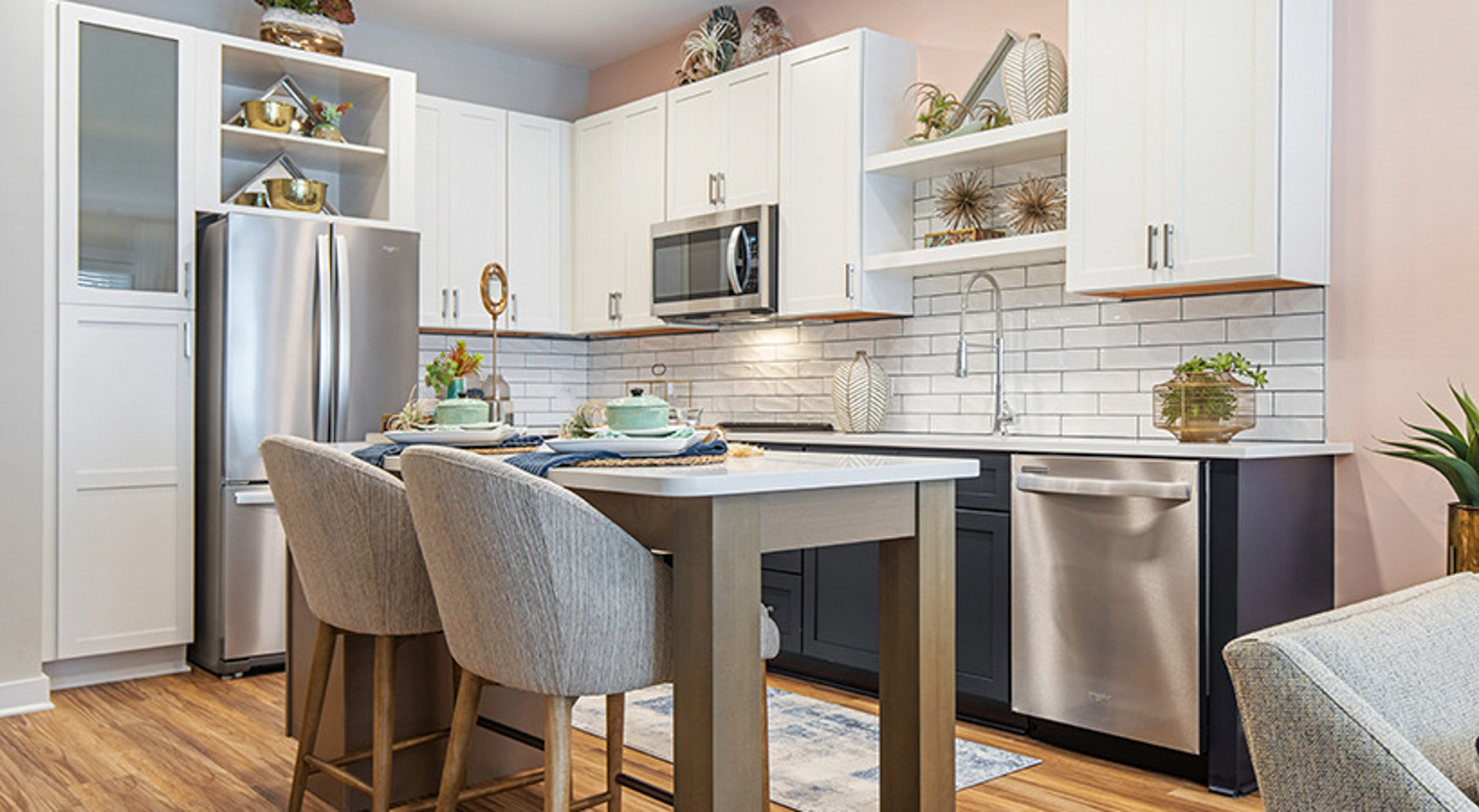 The kitchen in a Flats on Front apartment in Wilmington, NC.