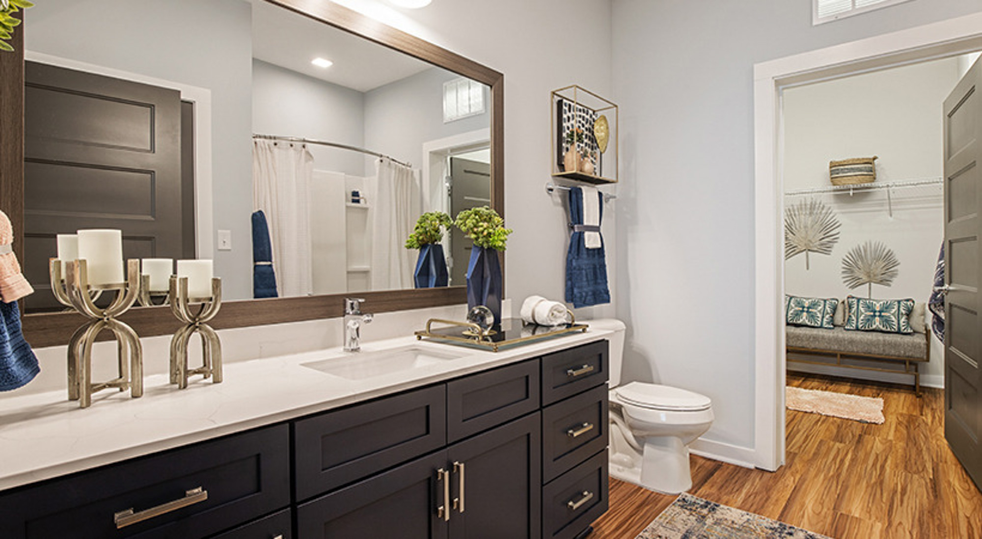 The bathroom in a Flats on Front apartment in Wilmington, NC.