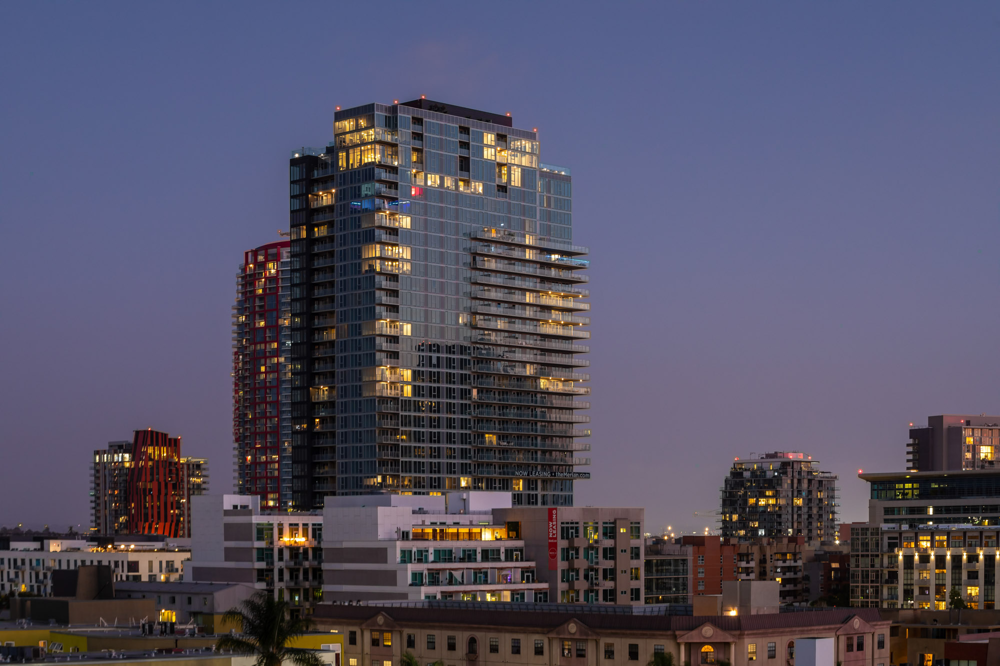 An exterior image of The Merian apartments in San Diego, California.