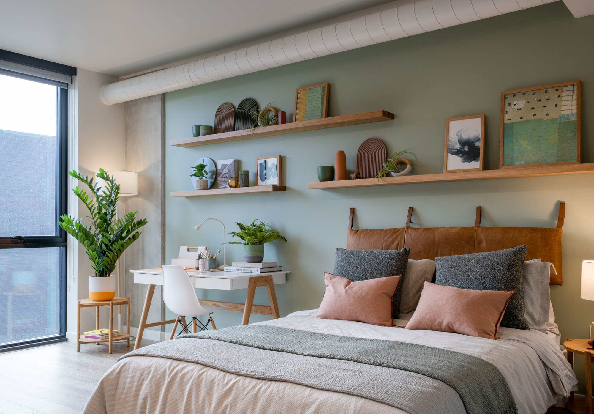 An apartment bedroom at The George apartments in San Francisco, CA