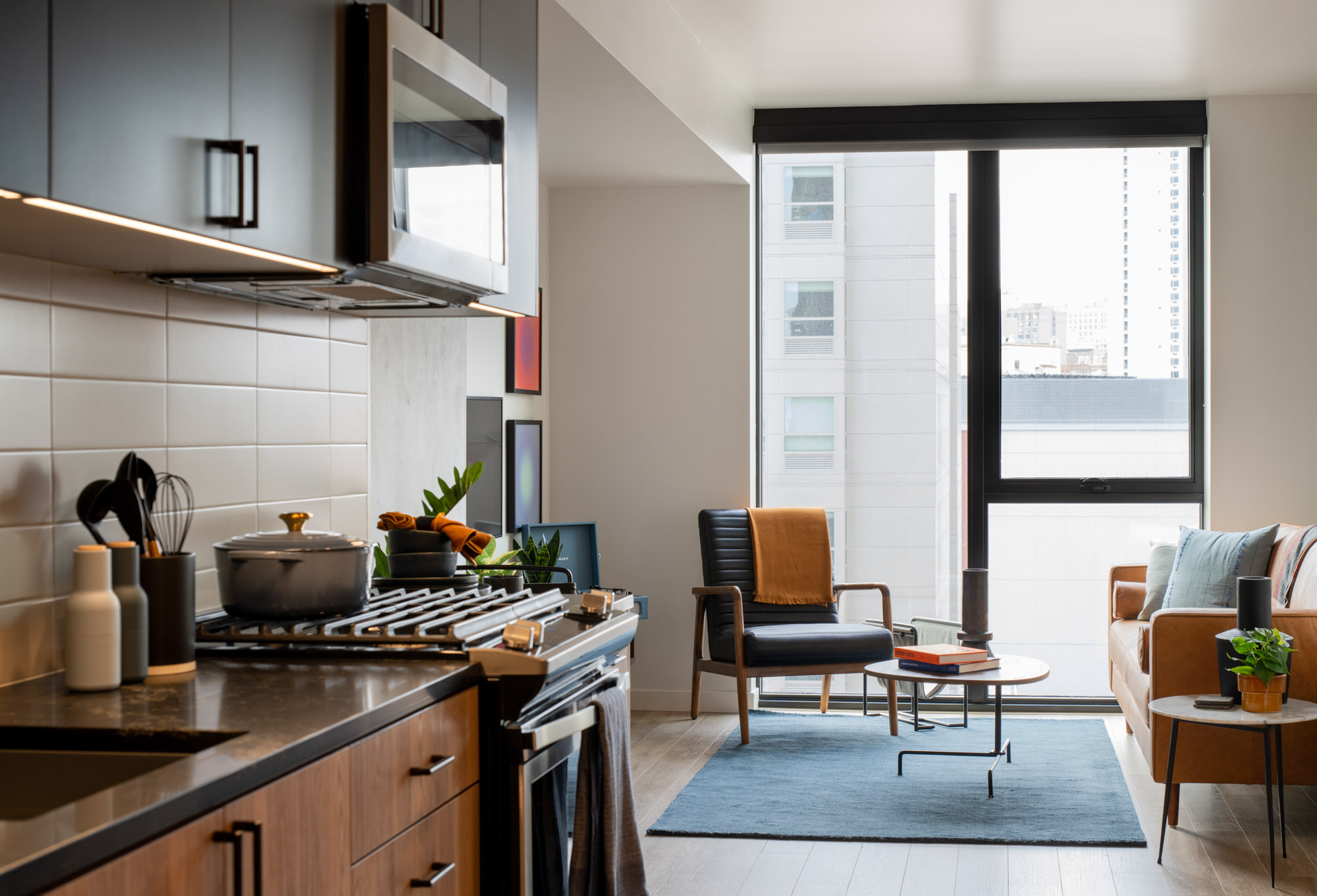 An apartment kitchen at The George apartments in San Francisco, CA