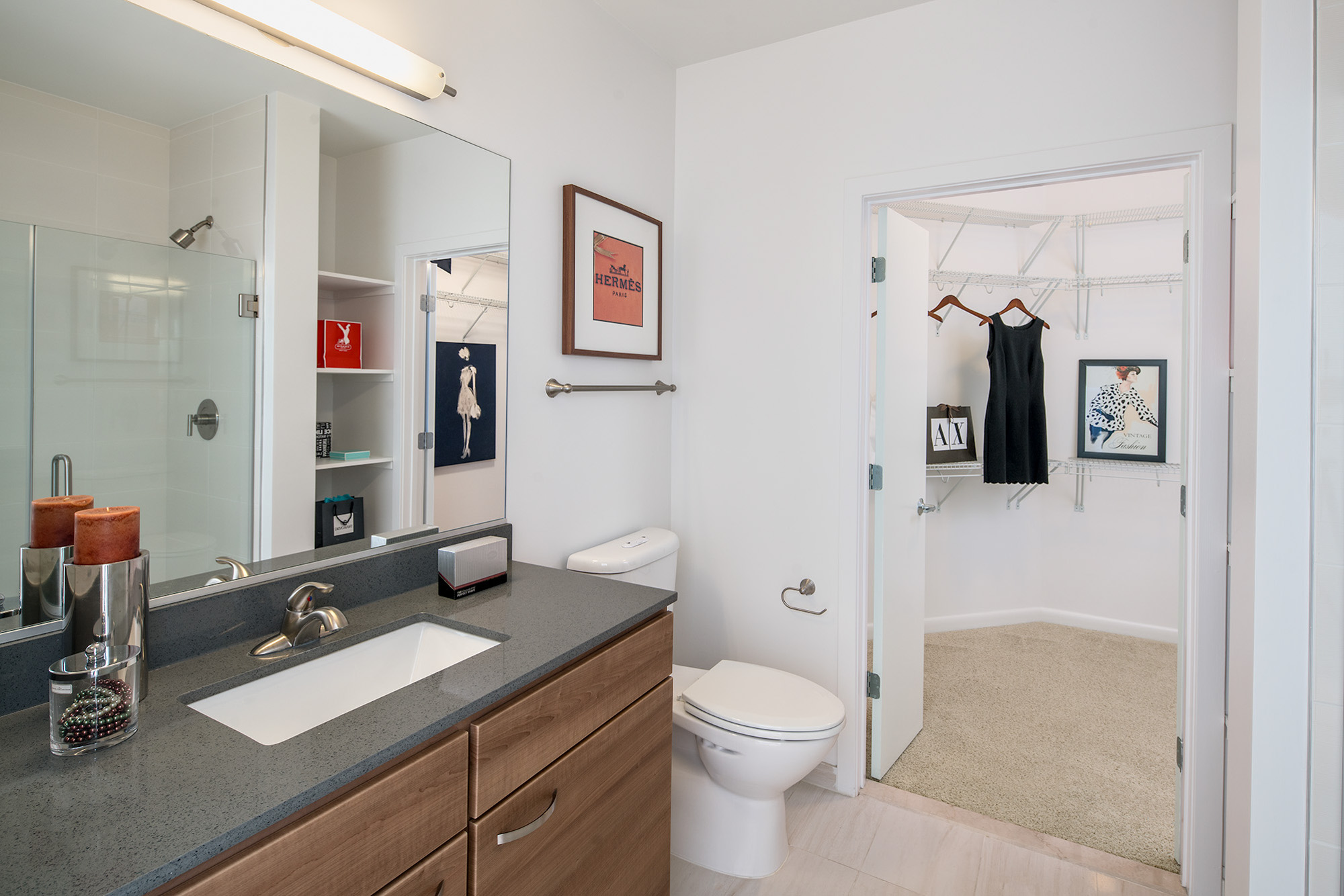 A bathroom area at 8421 Broad apartments in McLean, Virginia.