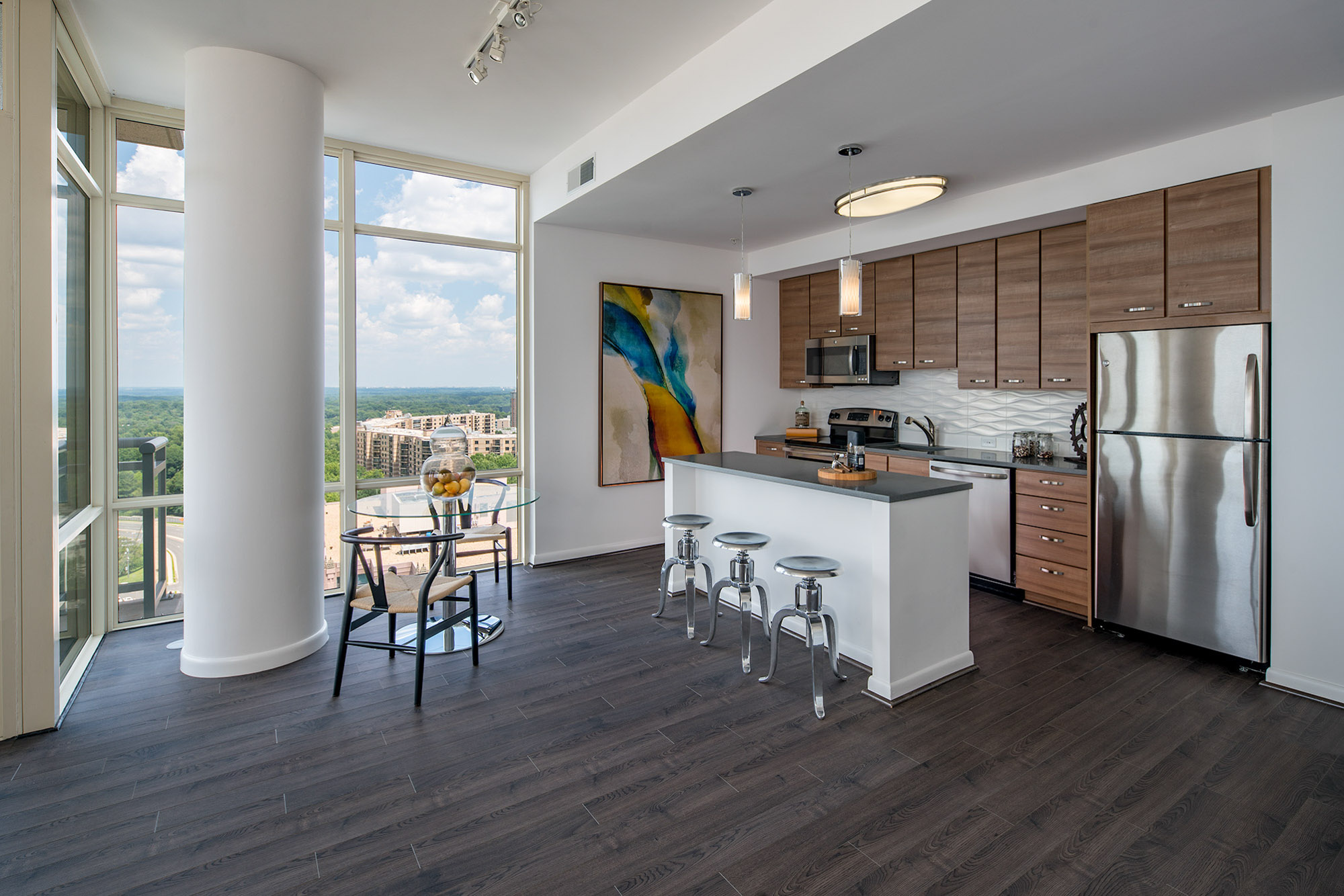 A kitchen area at 8421 Broad apartments in McLean, Virginia.