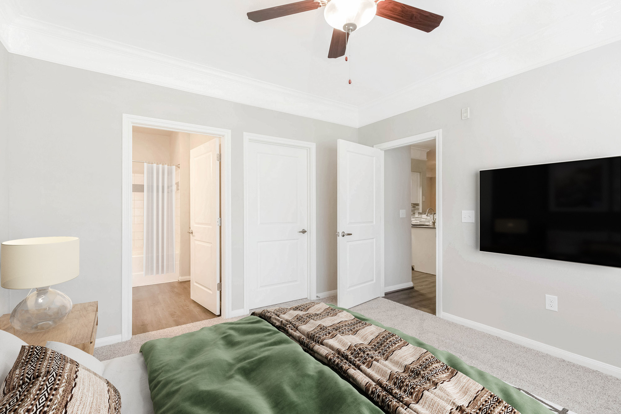 A bedroom at The Villas at Shadow Creek apartments in Houston, TX.