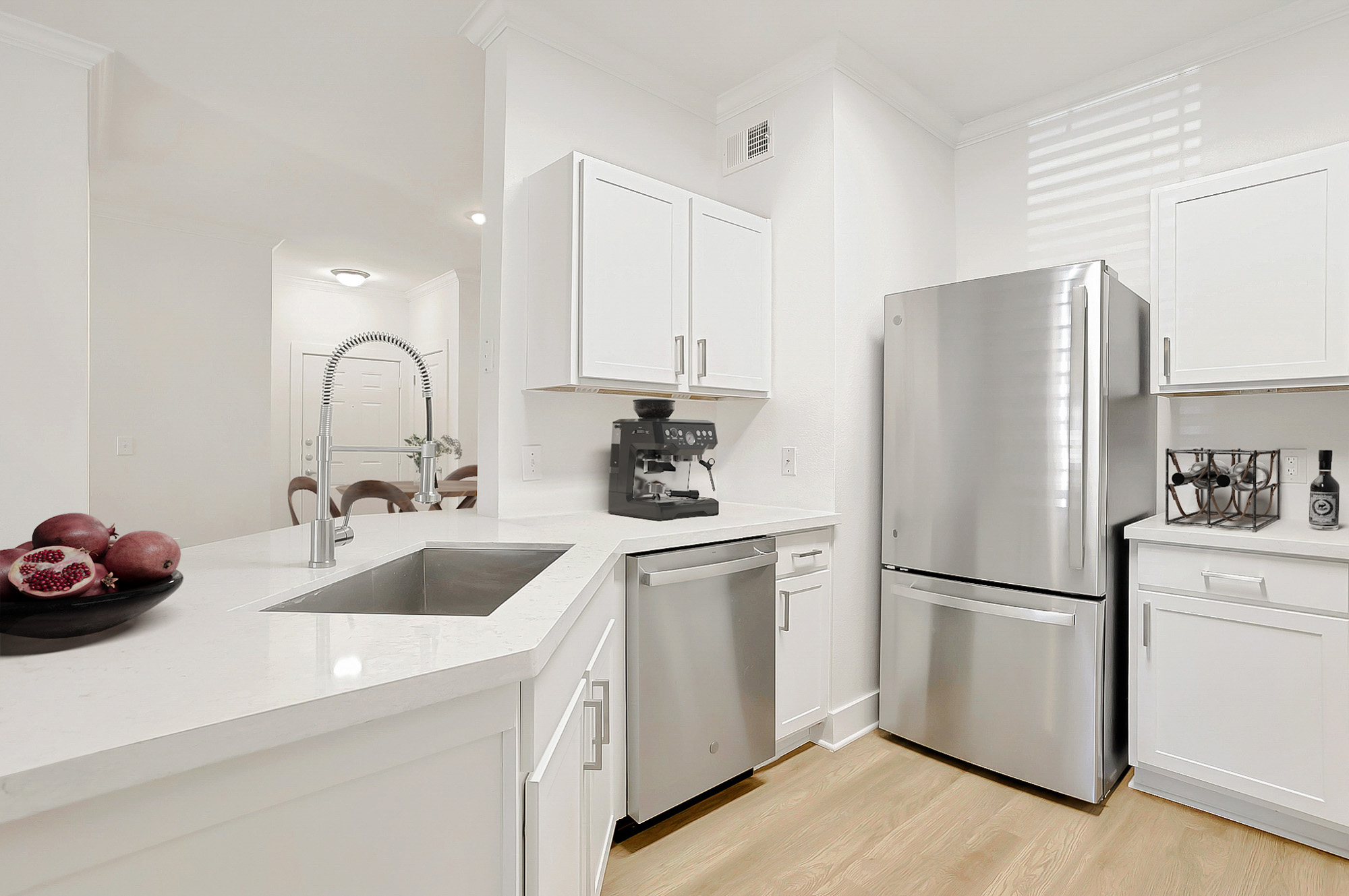 A kitchen at The Villas at Shadow Creek apartments in Houston, TX.