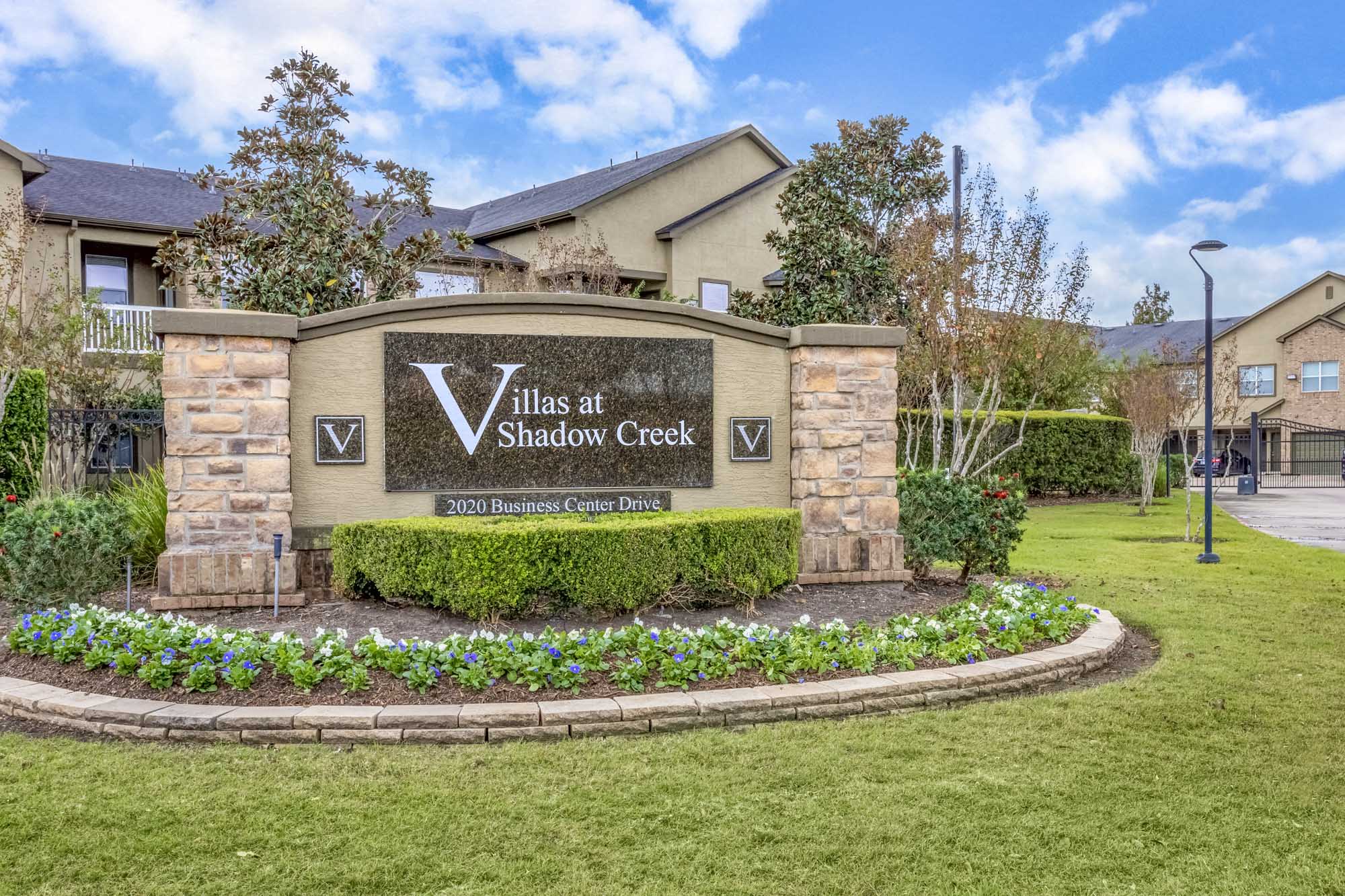 A sign at The Villas at Shadow Creek apartments in Houston, TX.