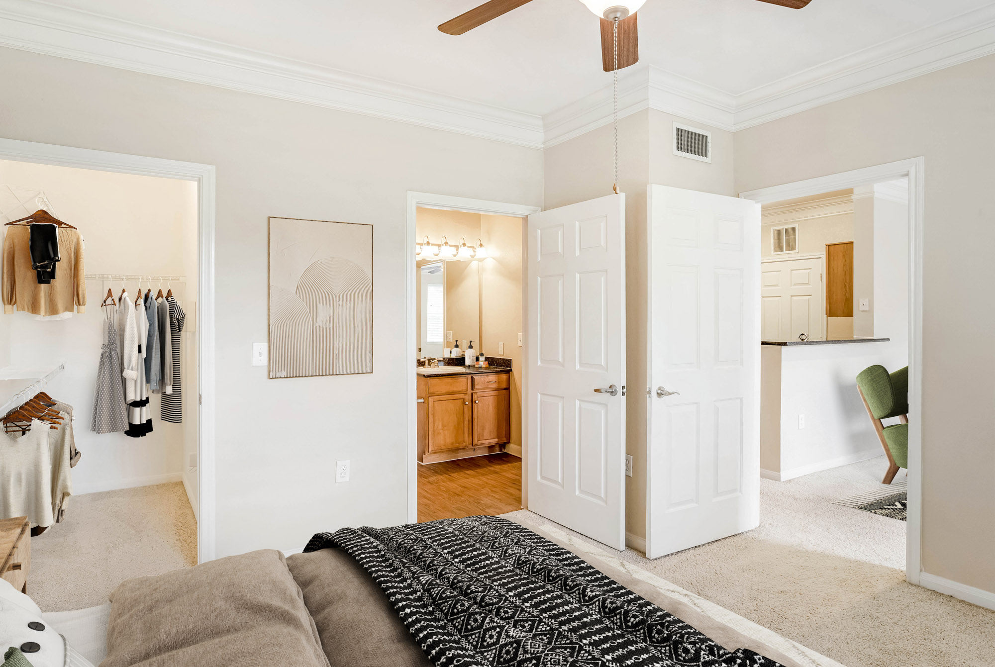 A bedroom at The Villas at Shadow Creek apartments in Houston, TX.