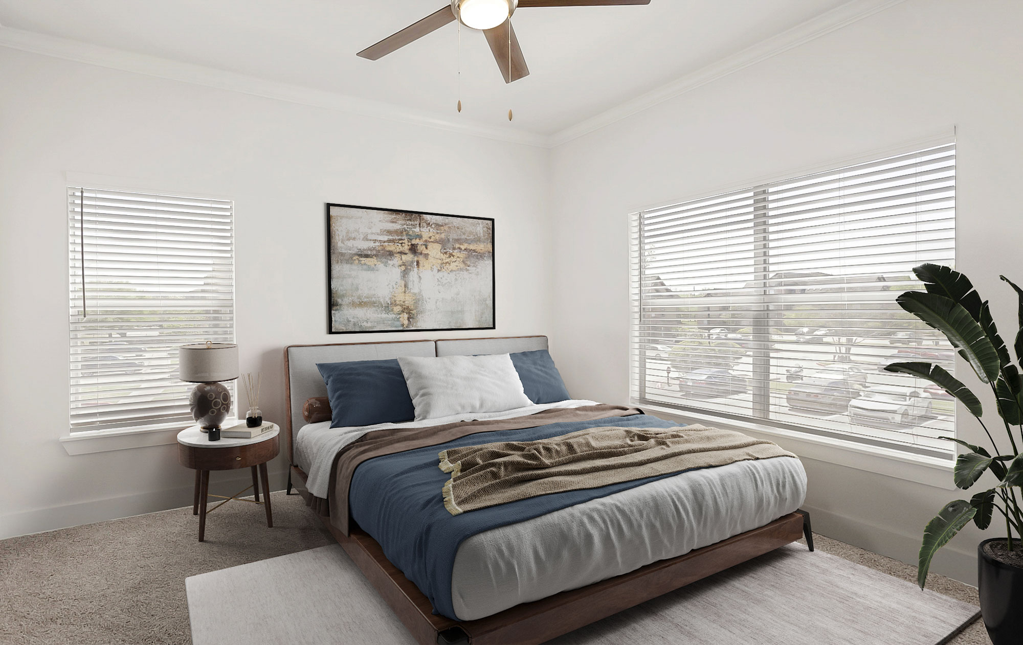 A bedroom at The Villas at Shadow Creek apartments in Houston, TX.