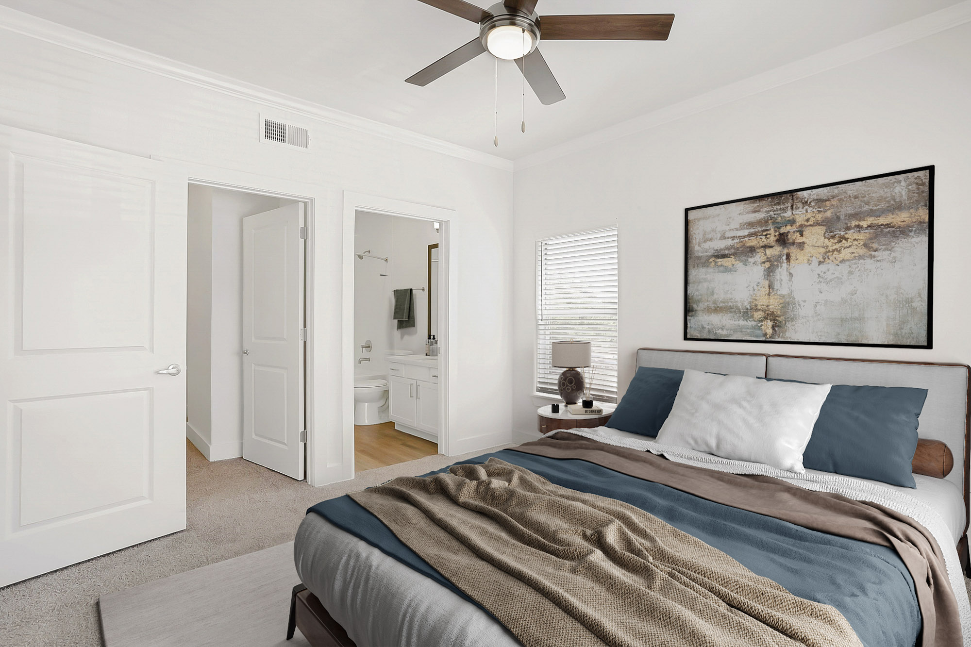 A bedroom at The Villas at Shadow Creek apartments in Houston, TX.