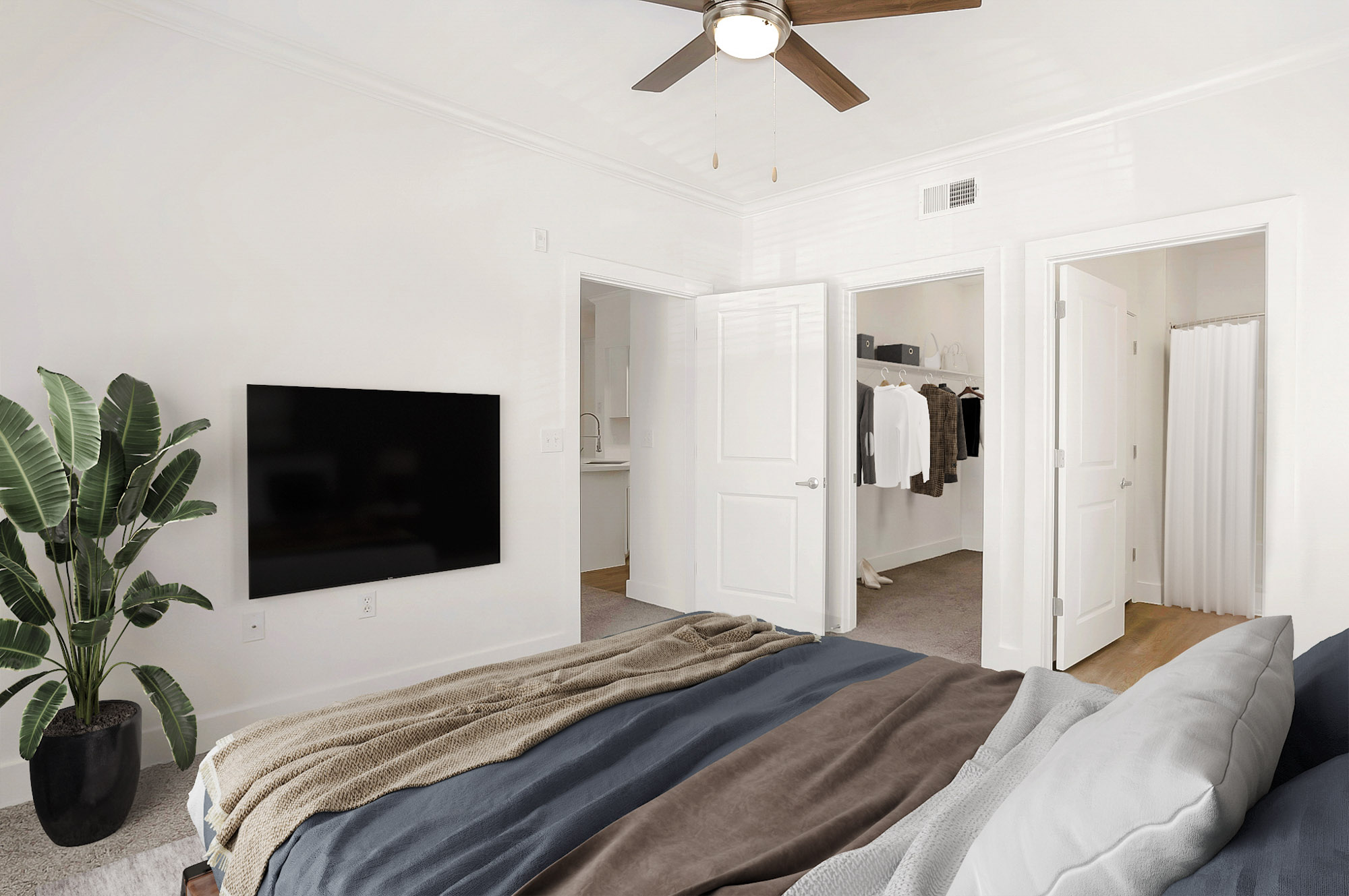 A bedroom at The Villas at Shadow Creek apartments in Houston, TX.