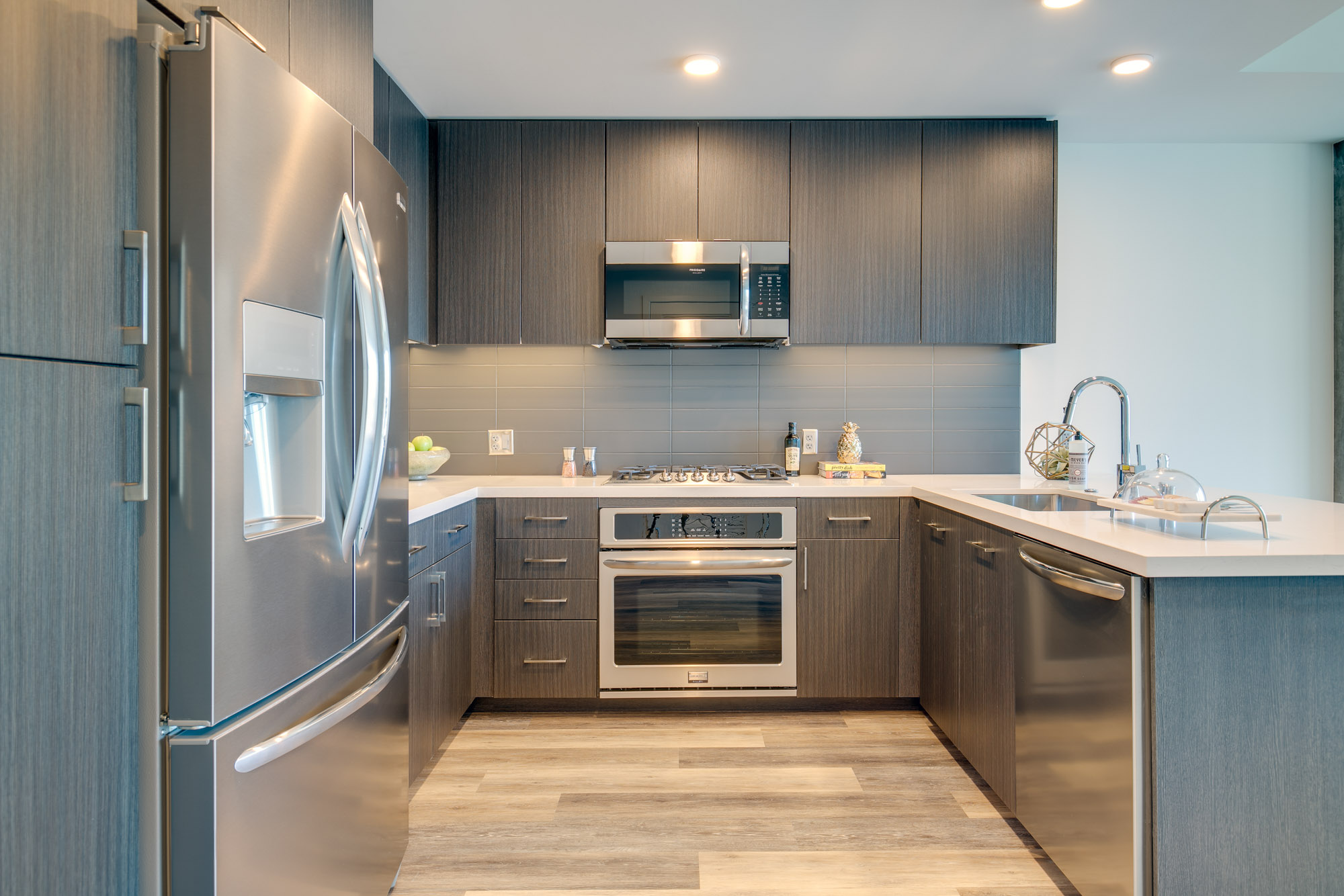 Kitchen space at The Merian Apartments in San Diego, California.