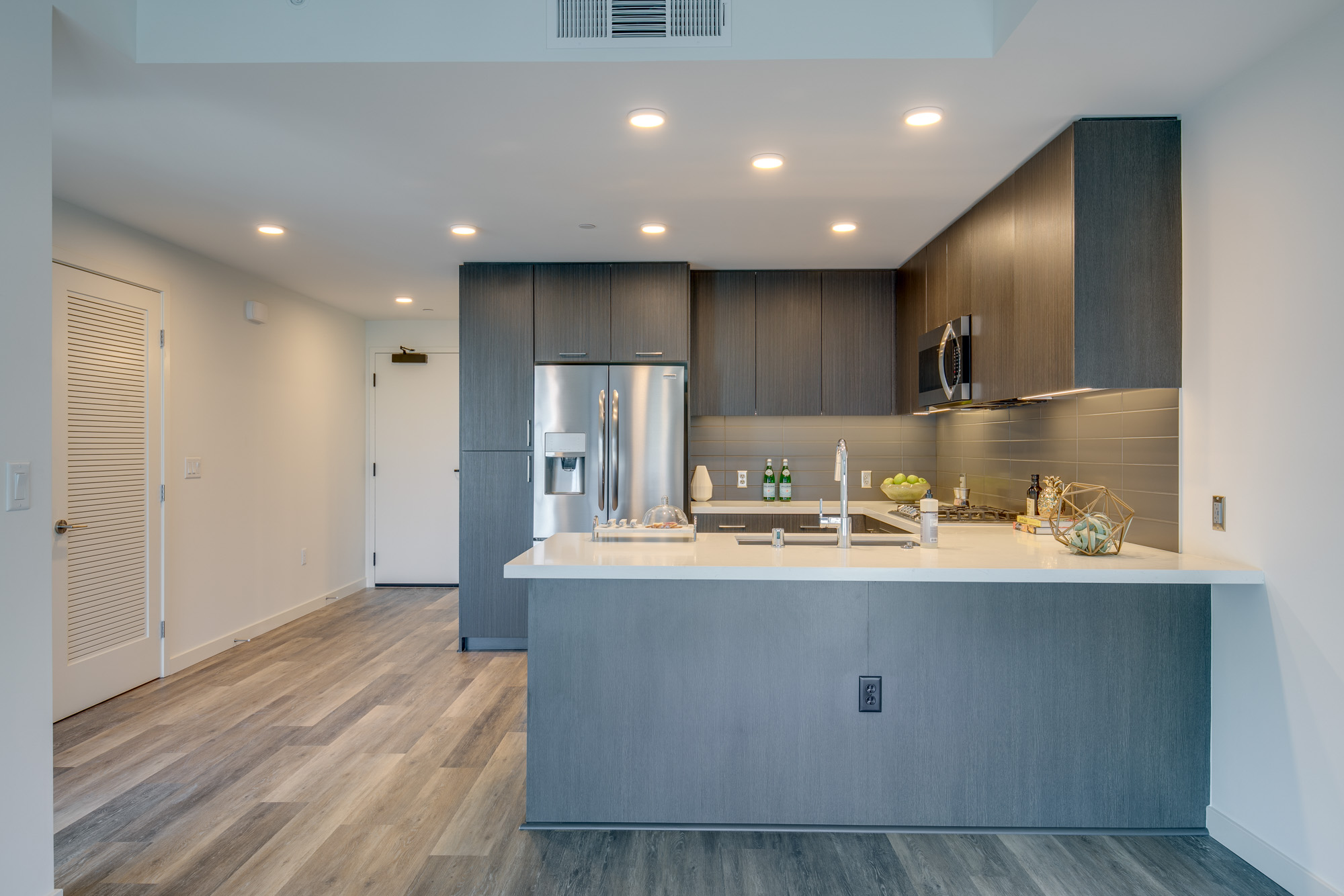 Kitchen space at The Merian Apartments in San Diego, California.