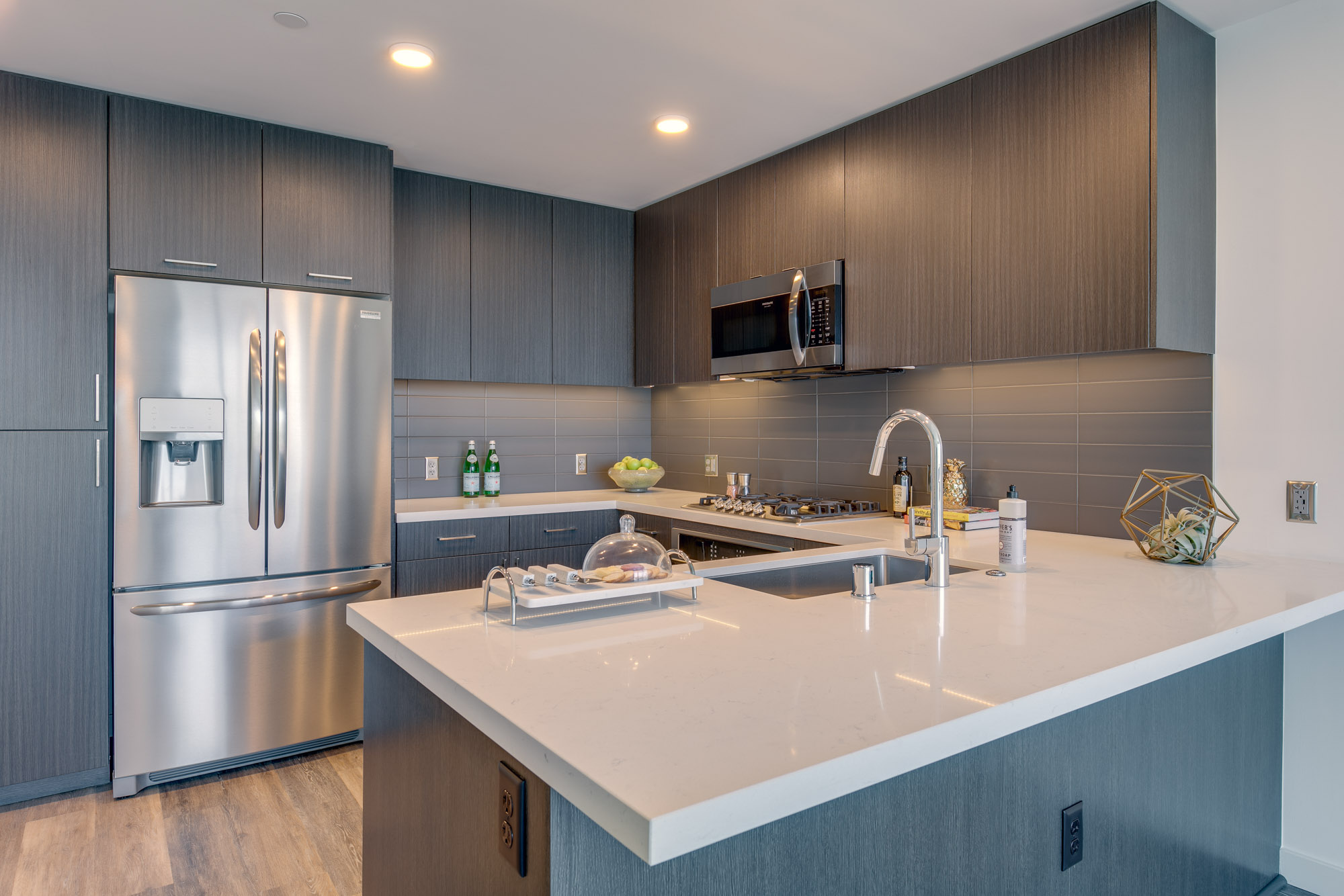 Kitchen space at The Merian Apartments in San Diego, California.