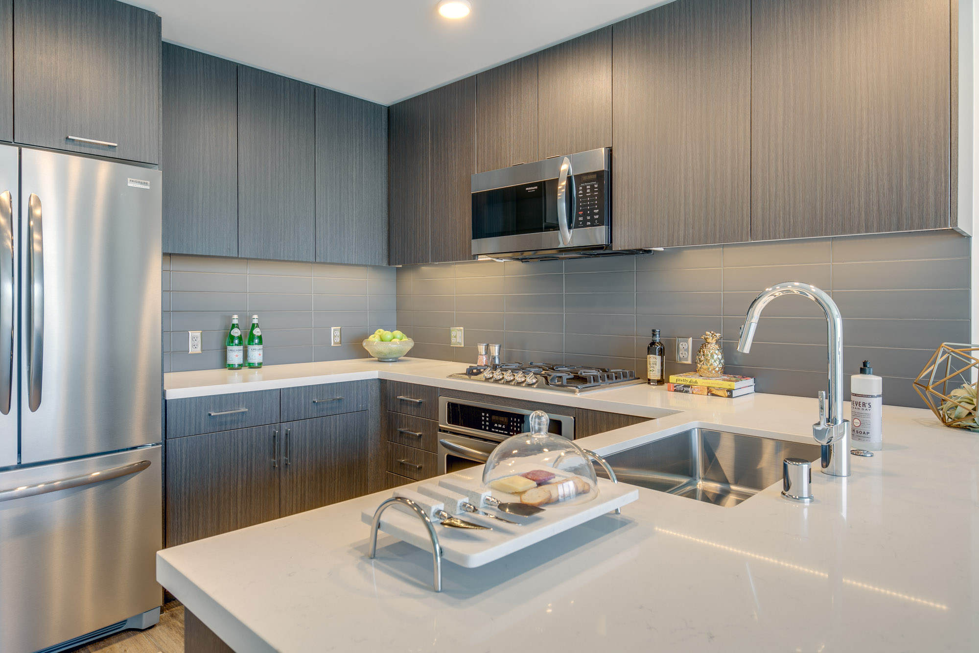 Kitchen space at The Merian Apartments in San Diego, California.