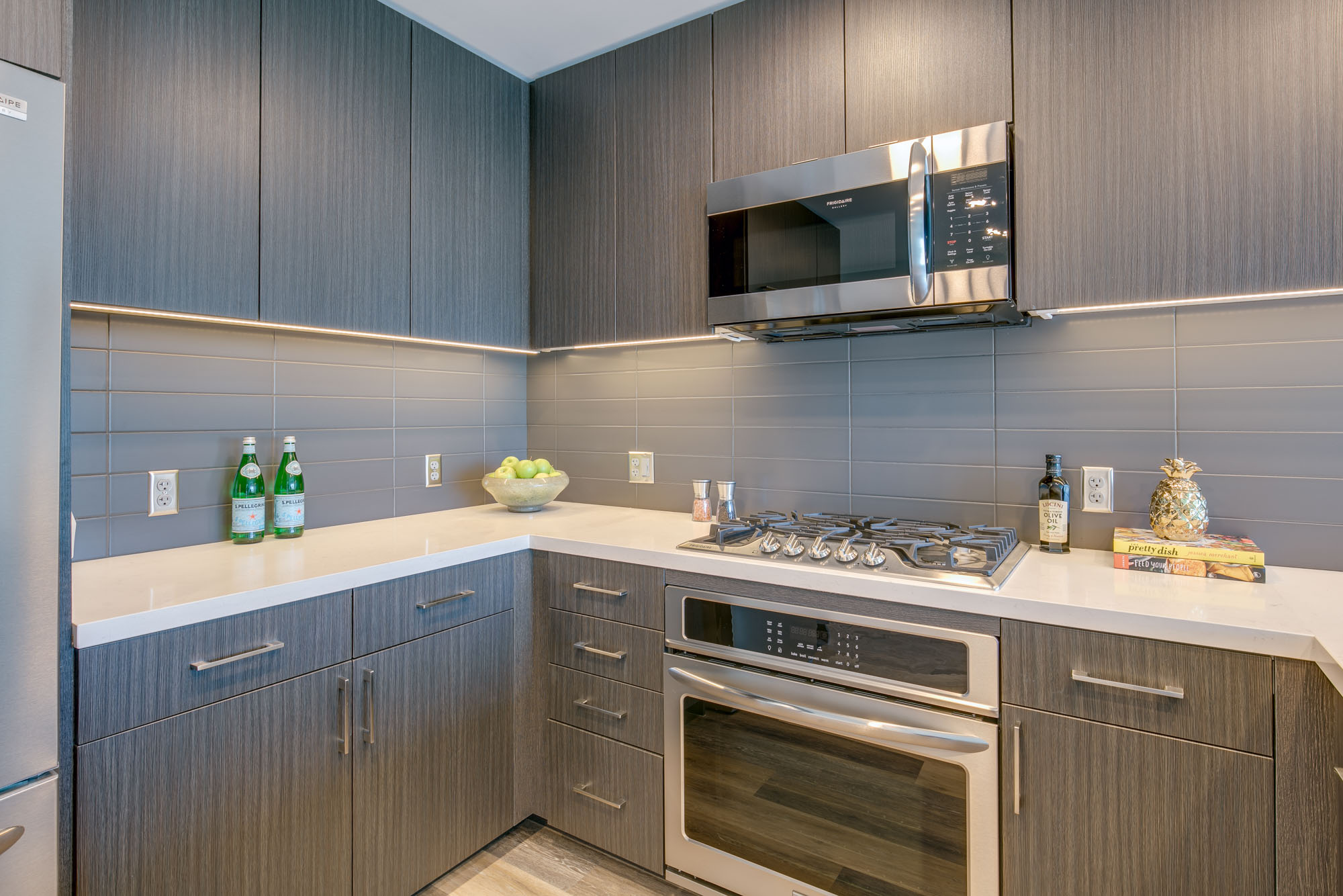 Kitchen space at The Merian Apartments in San Diego, California.