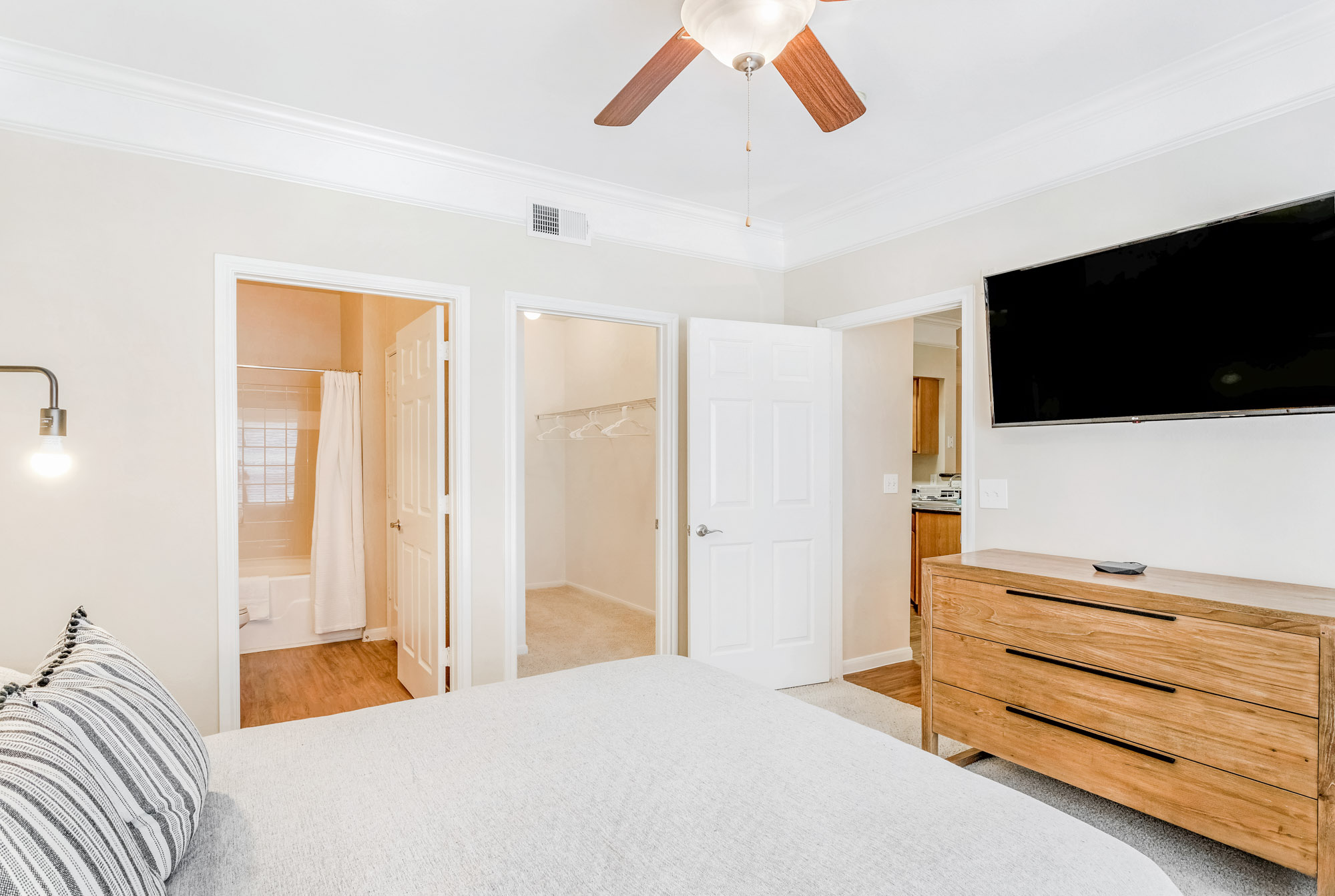 A bedroom at The Villas at Shadow Creek apartments in Houston, TX.