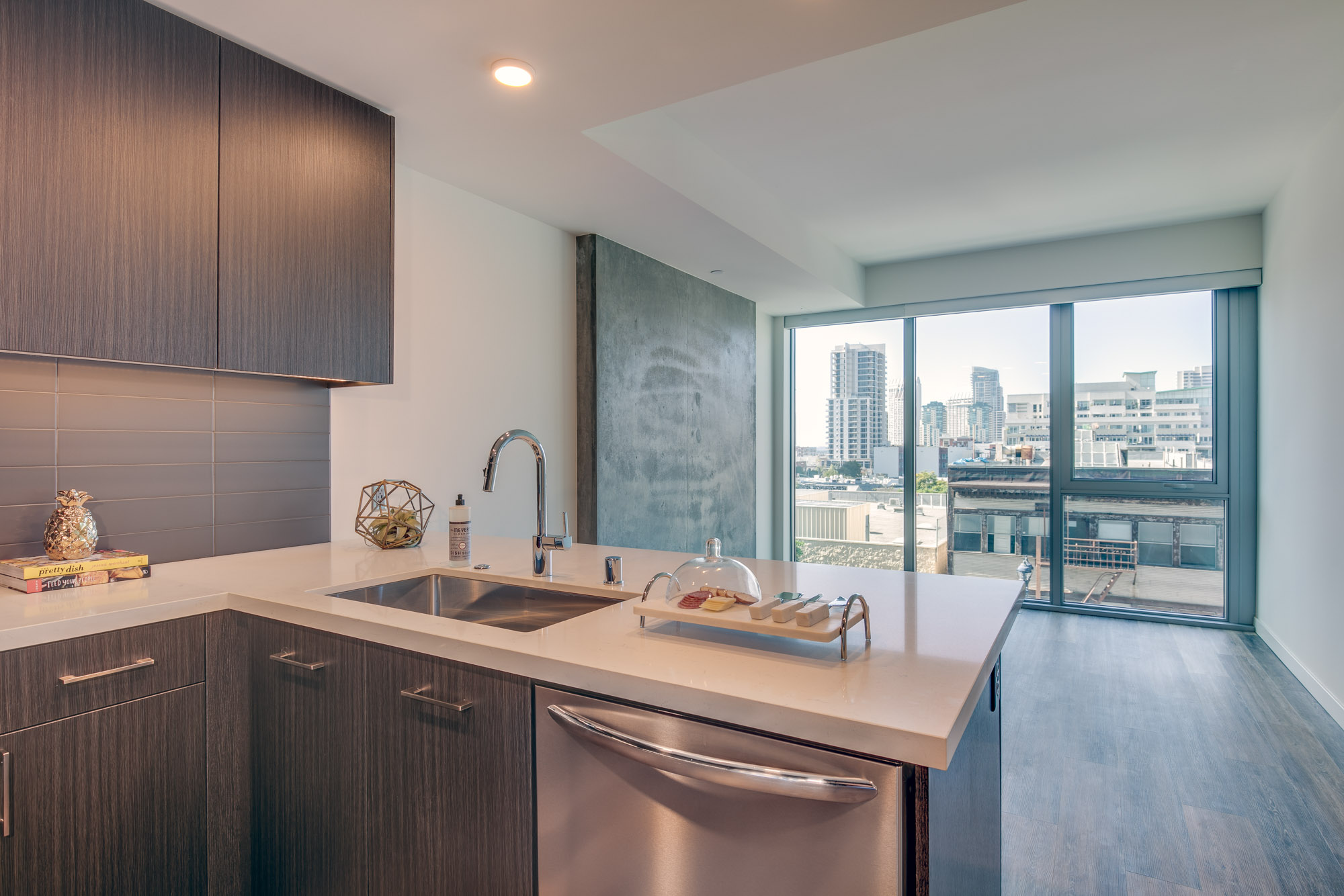 Kitchen space at The Merian Apartments in San Diego, California.