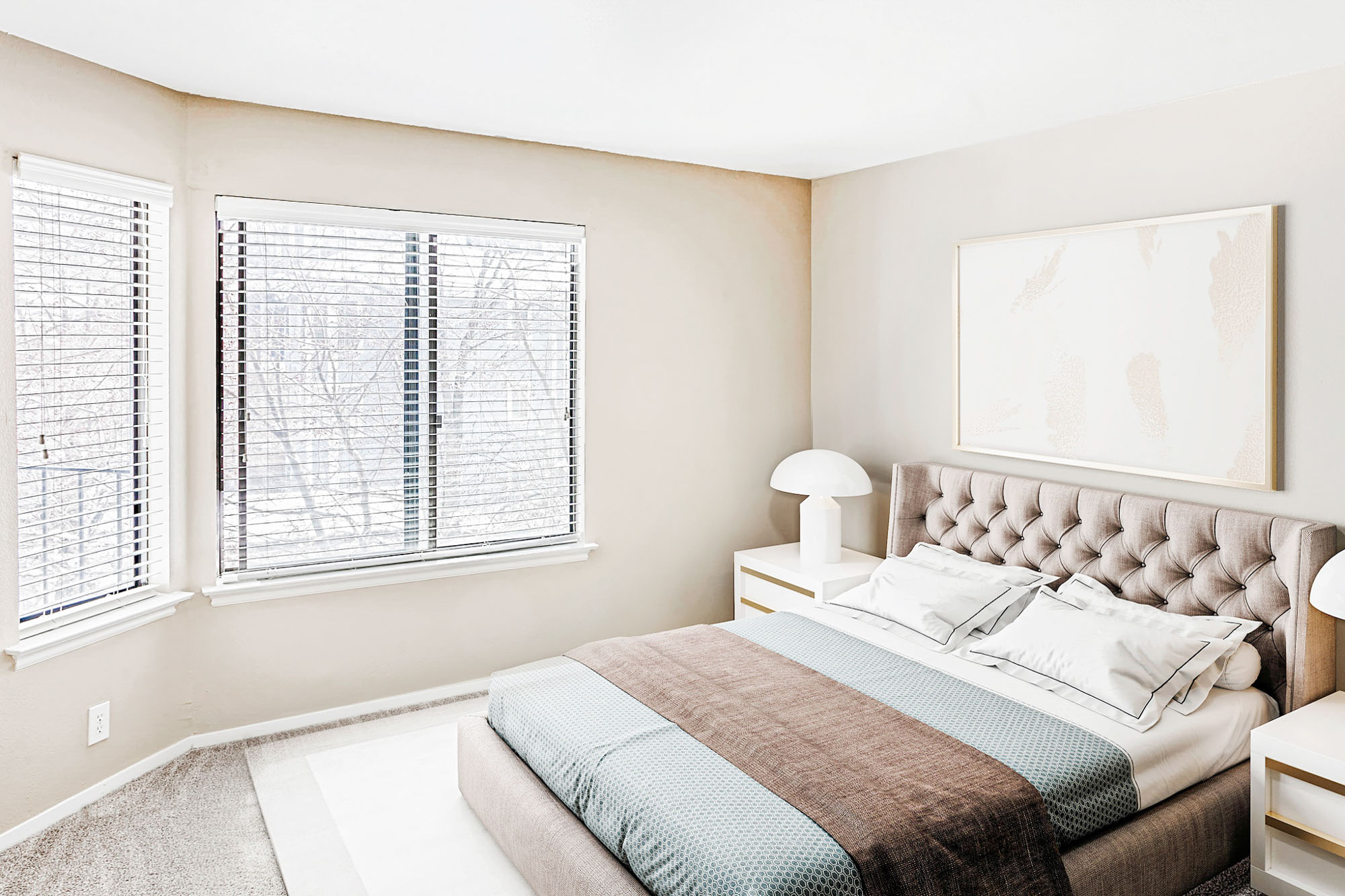 A bedroom in an apartment at James Pointe in Murray, Utah.