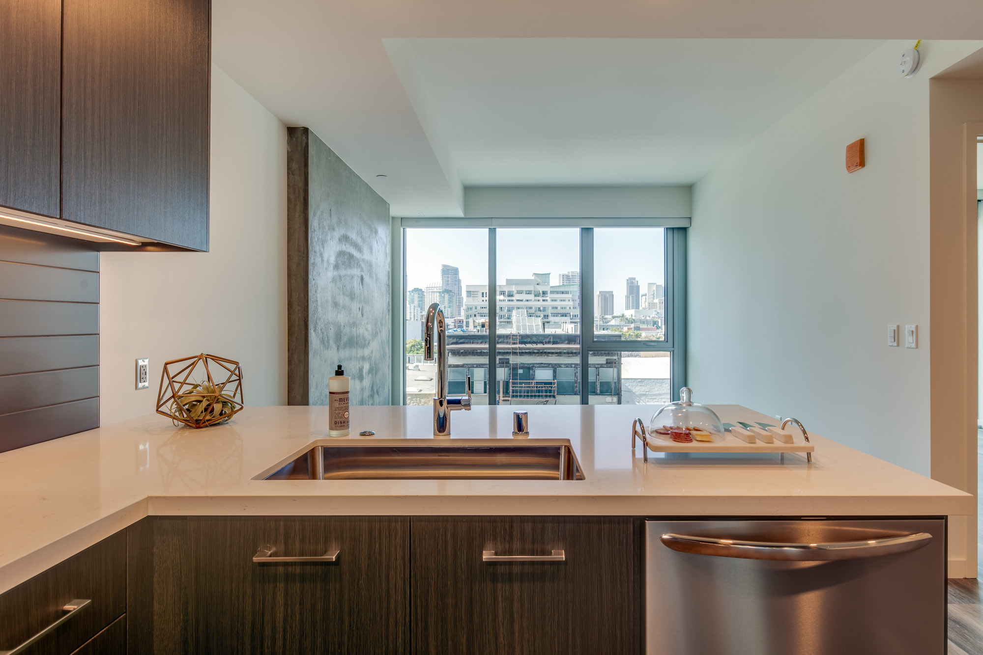 Kitchen space at The Merian Apartments in San Diego, California.