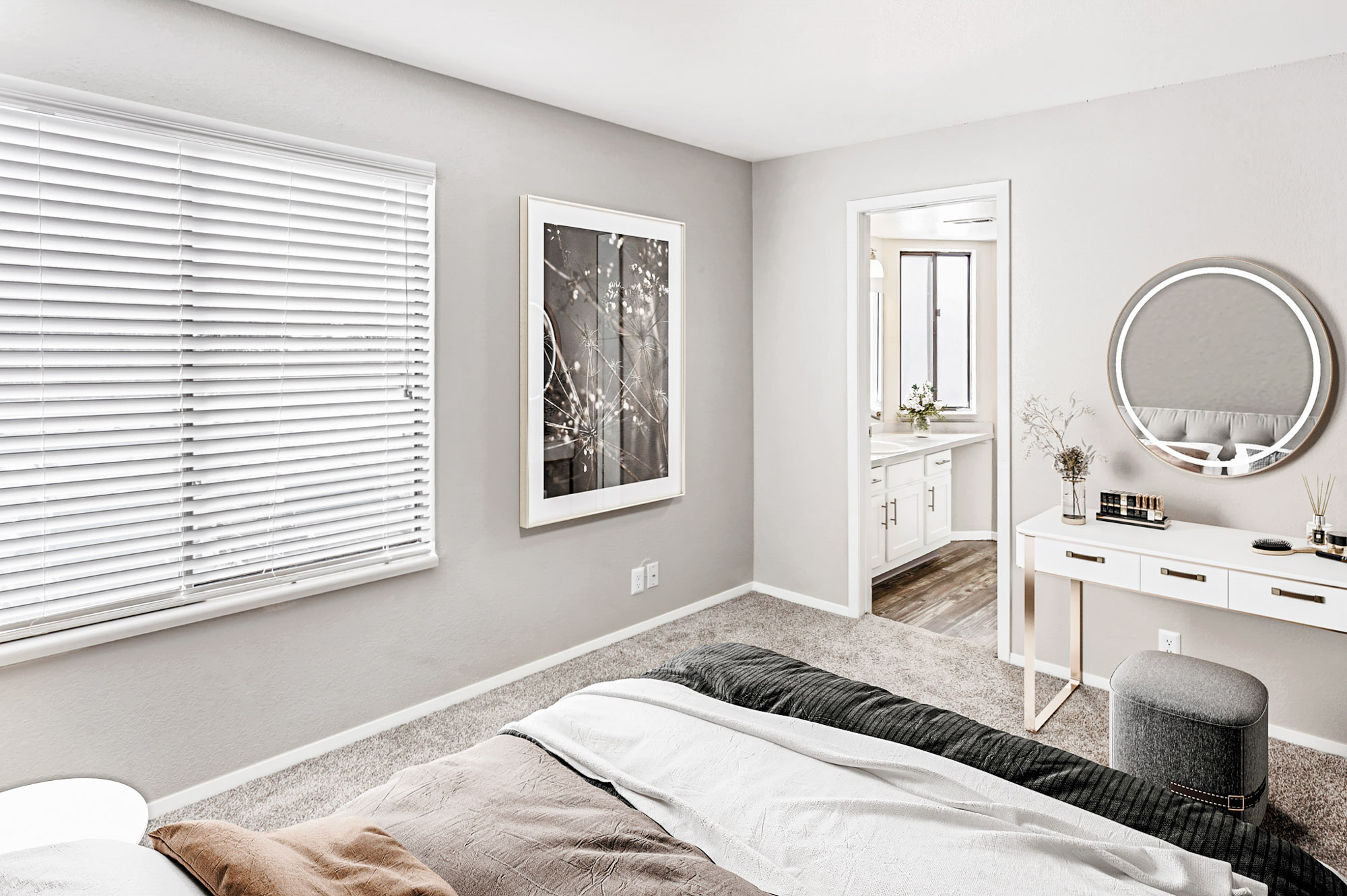 A bedroom in an apartment at James Pointe near Salt Lake City, Utah.