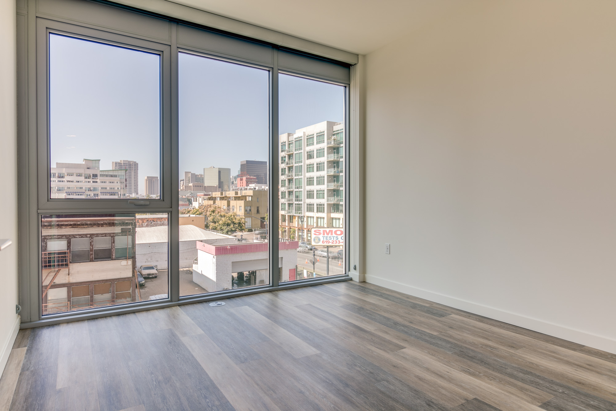 Bedroom space at The Merian Apartments in San Diego, California.