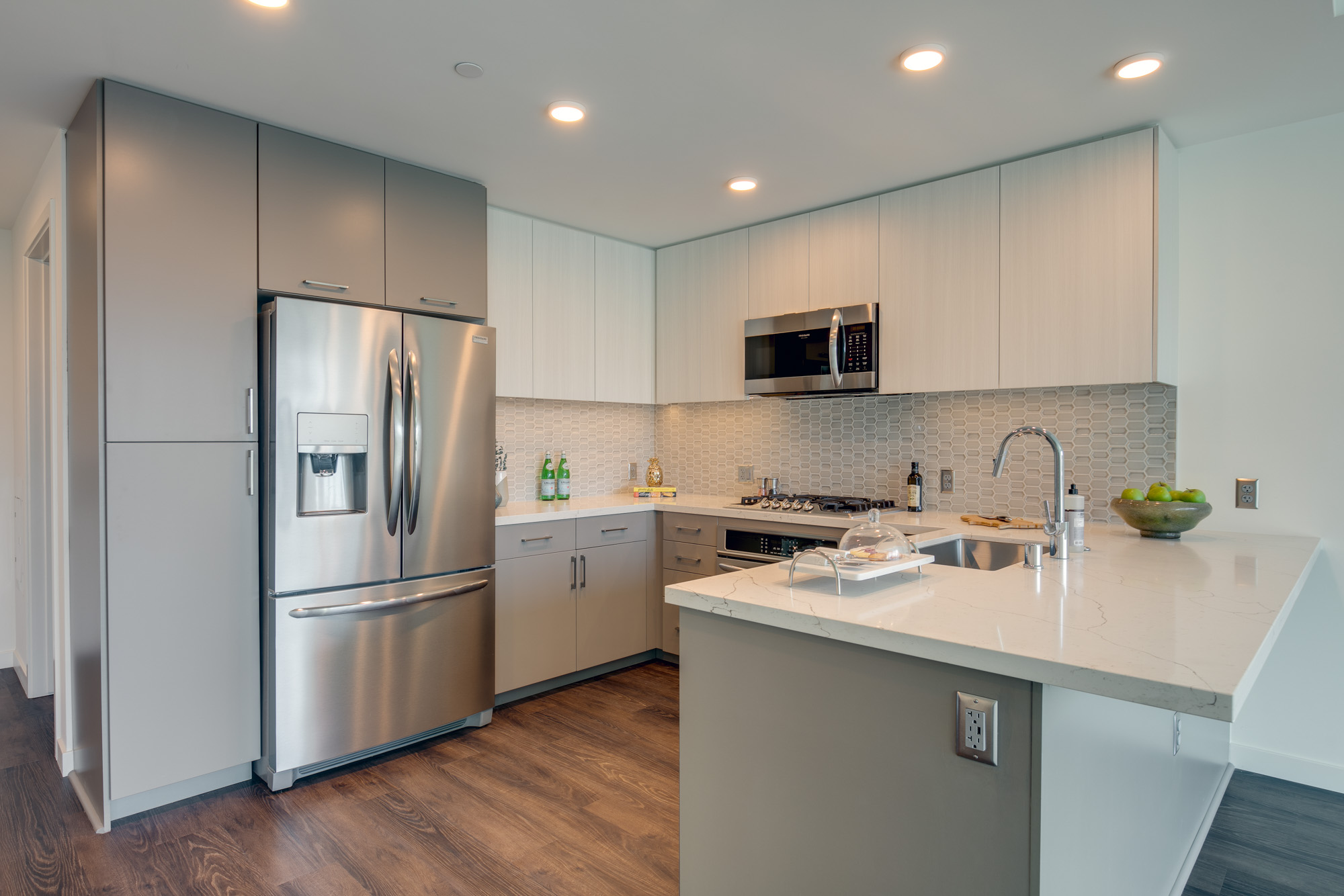 Kitchen space at The Merian Apartments in San Diego, California.