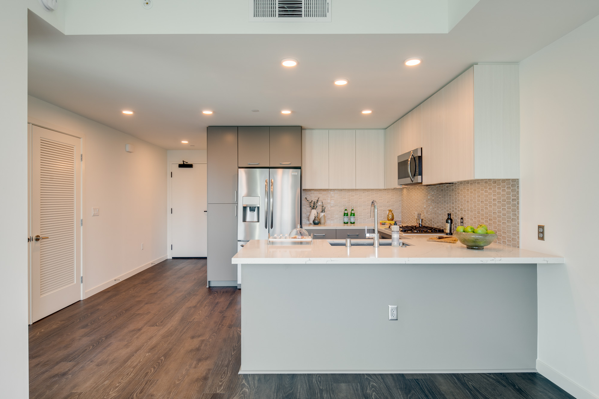 Kitchen space at The Merian Apartments in San Diego, California.