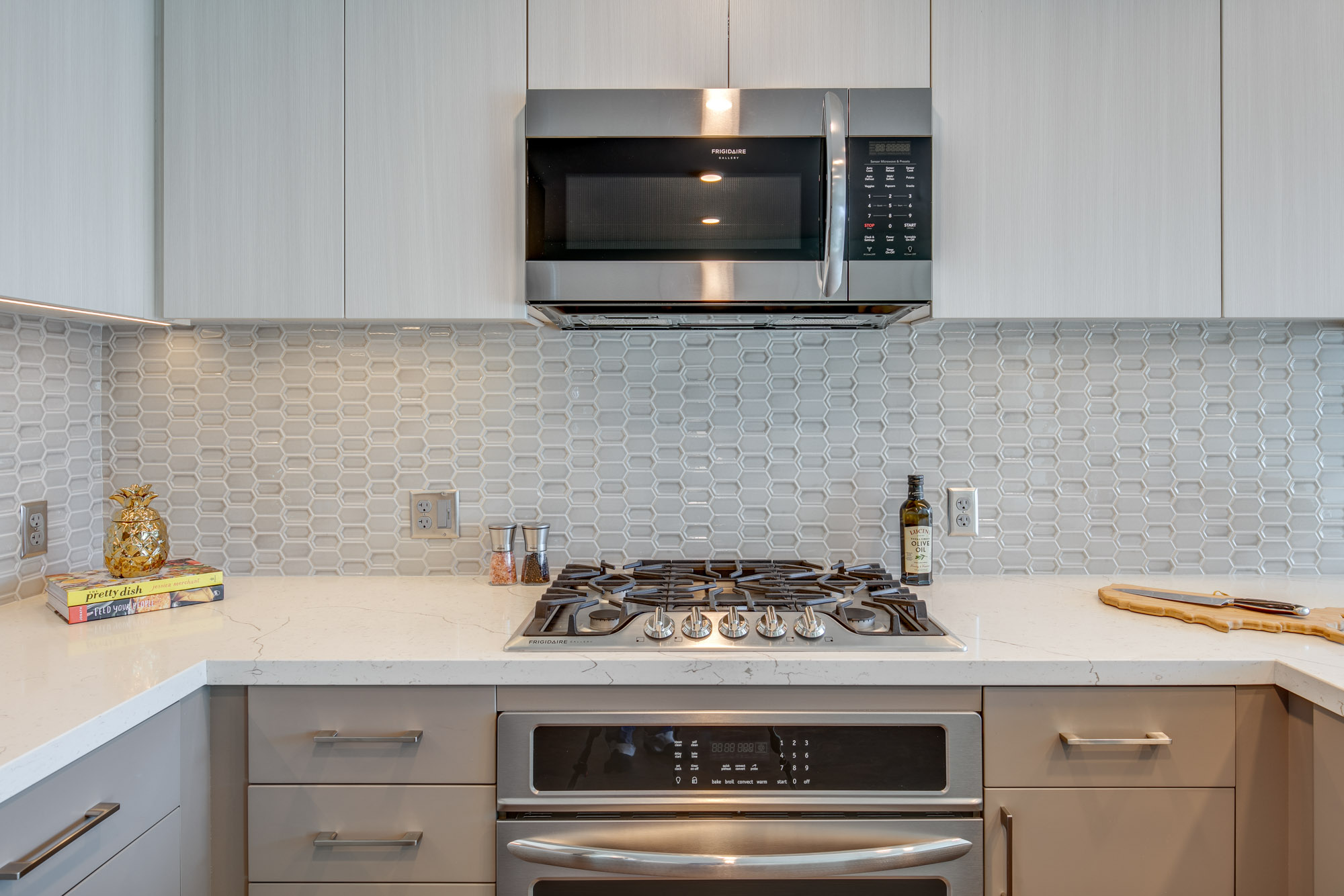 Kitchen space at The Merian Apartments in San Diego, California.