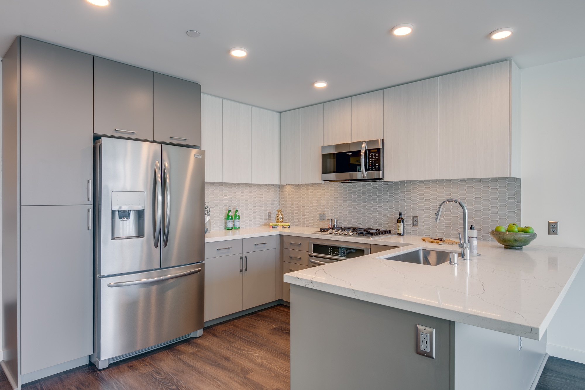 Kitchen space at The Merian Apartments in San Diego, California.