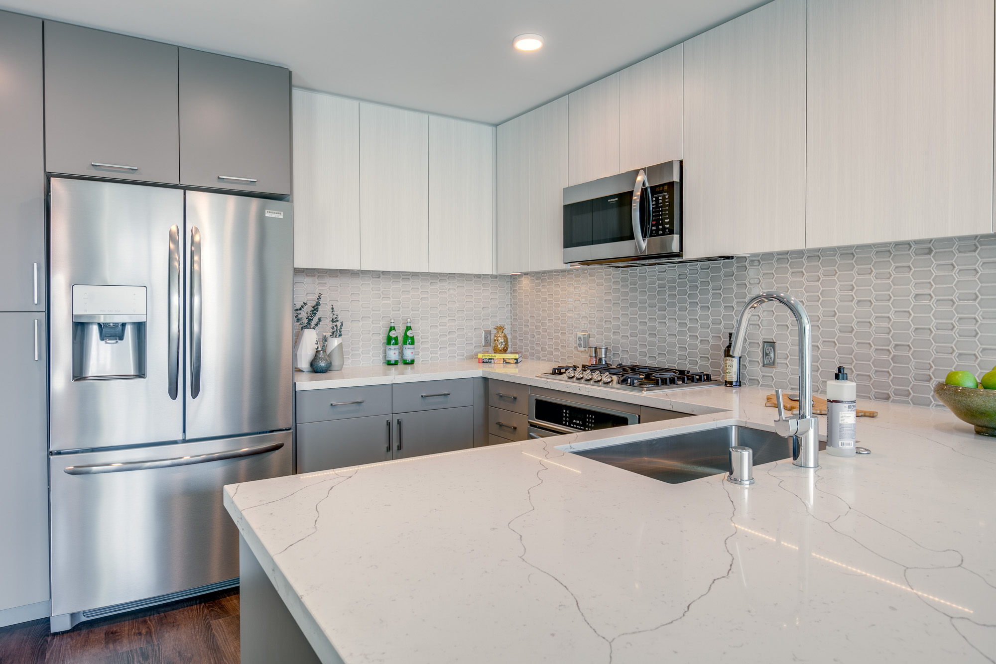 Kitchen space at The Merian Apartments in San Diego, California.