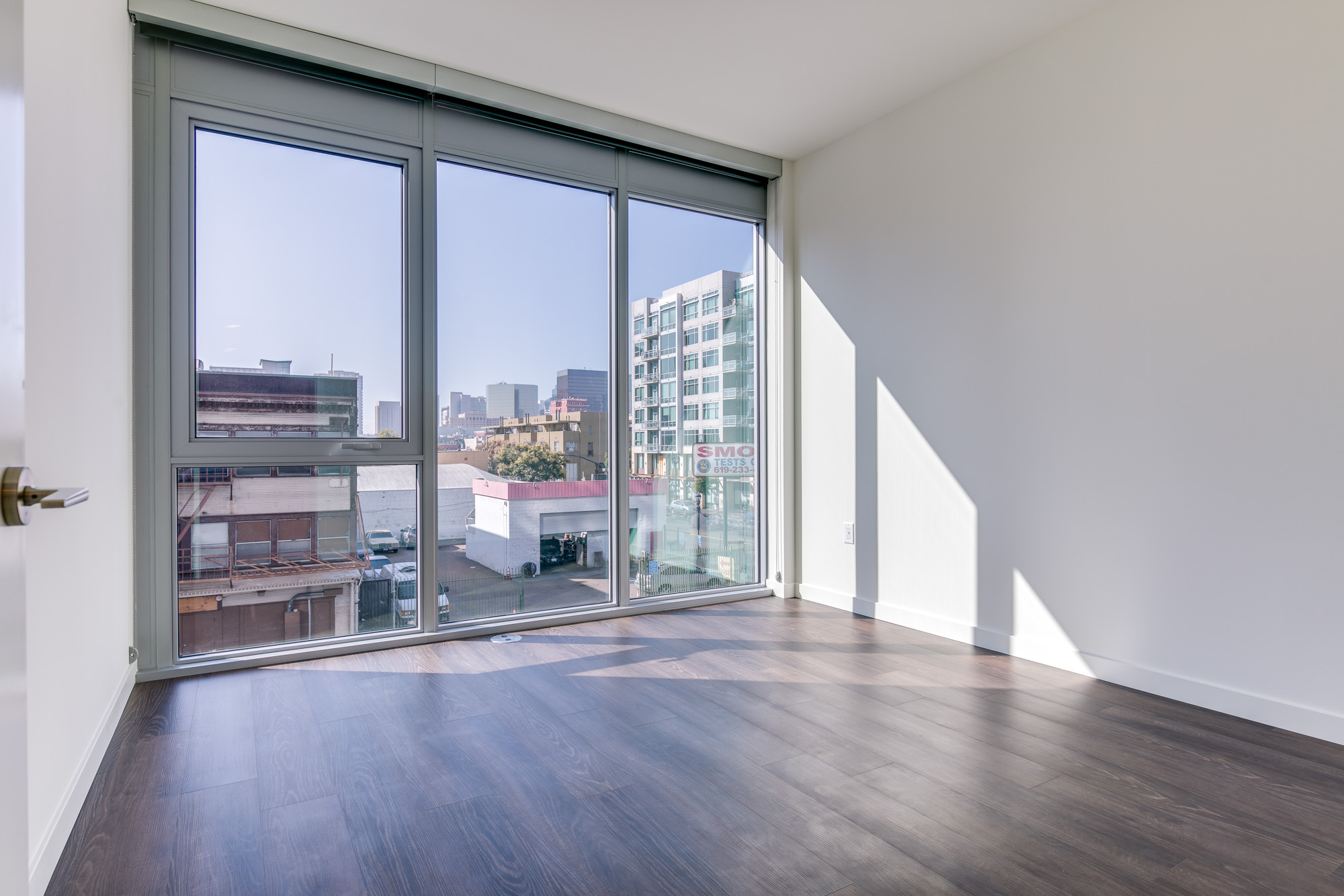 Bedroom space at The Merian Apartments in San Diego, California.