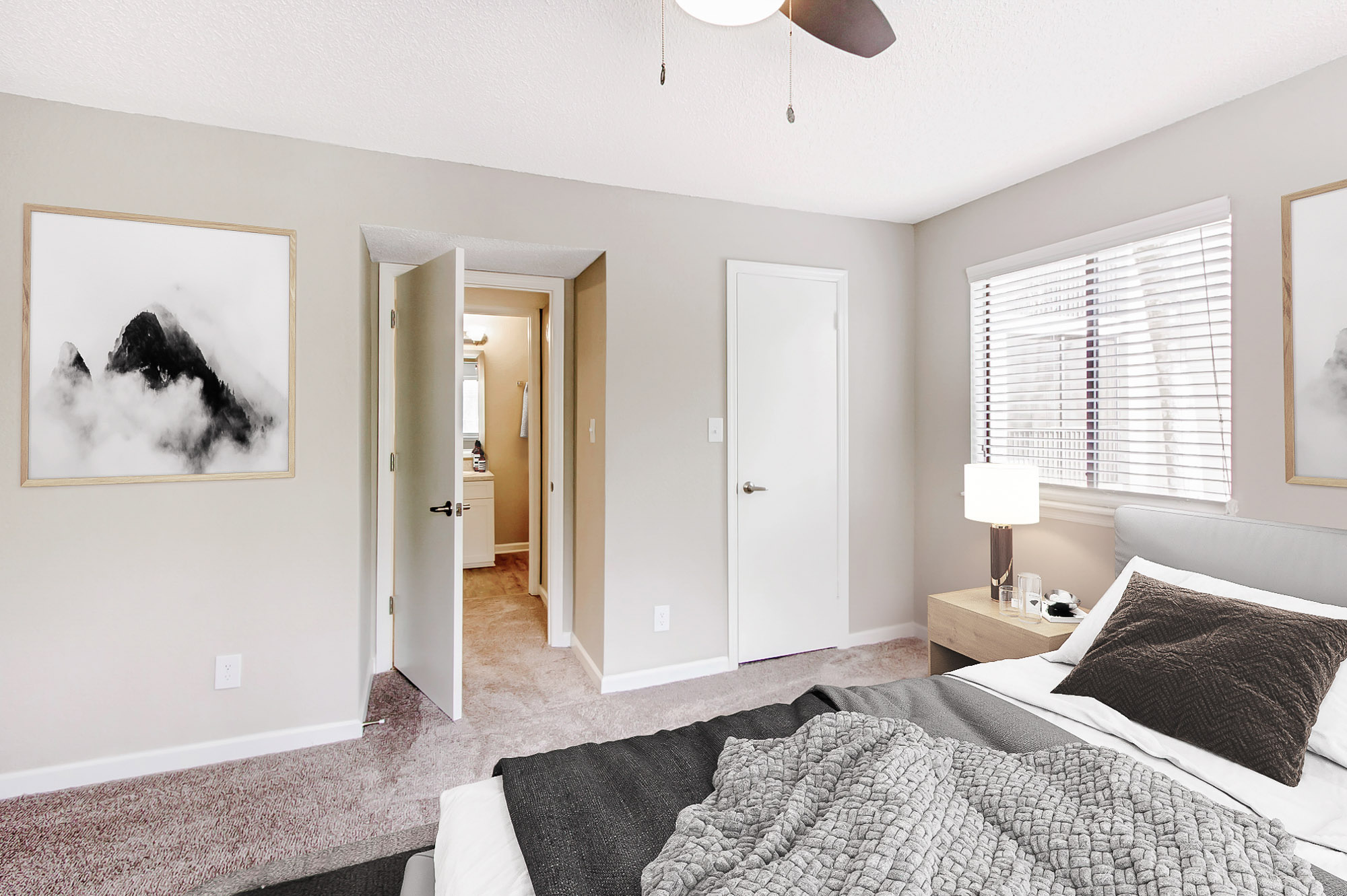 The bedroom in an apartment at The Dawson in Tampa, Florida.