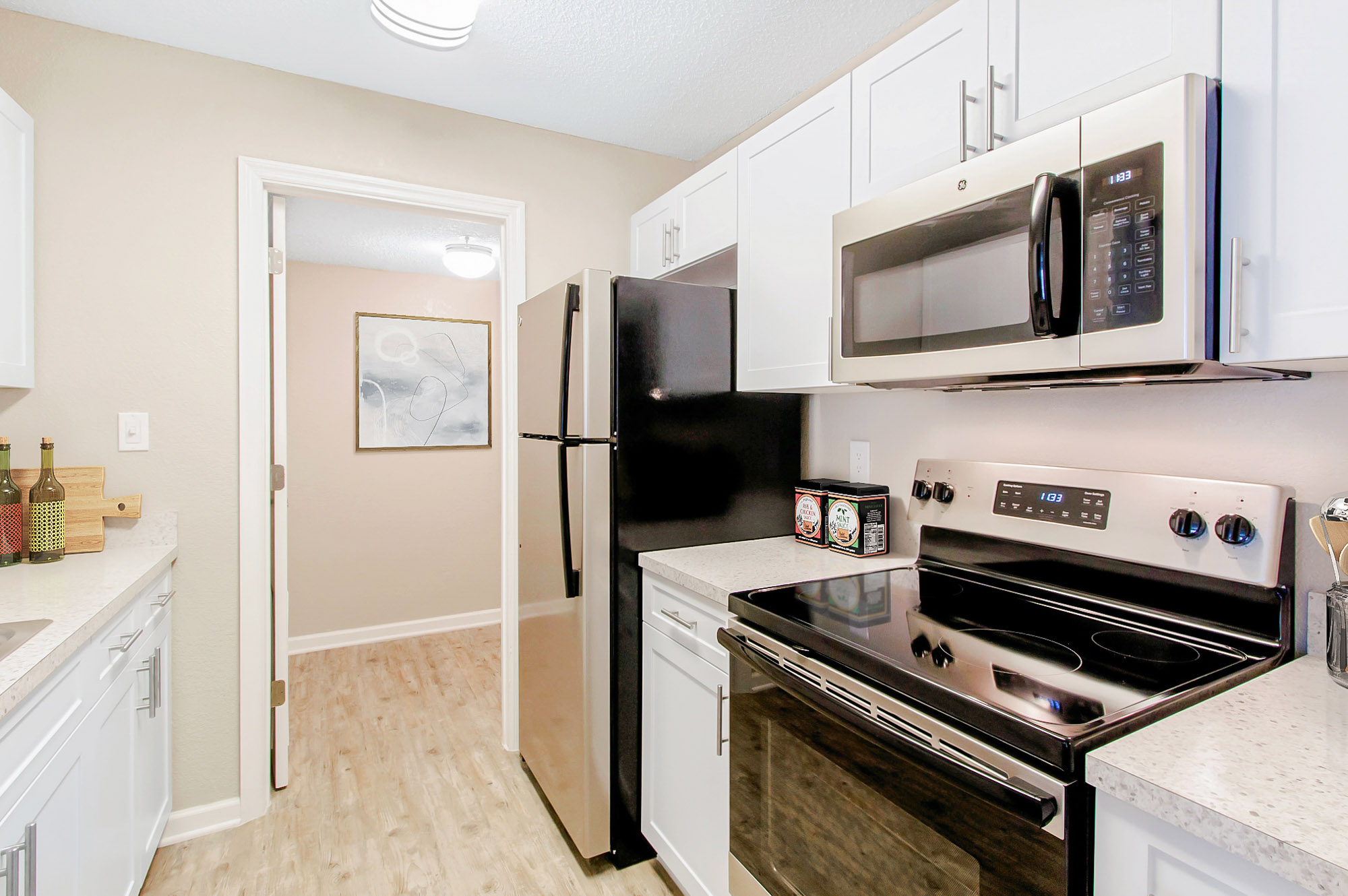 The kitchen in an apartment at The Dawson in Tampa, Florida.