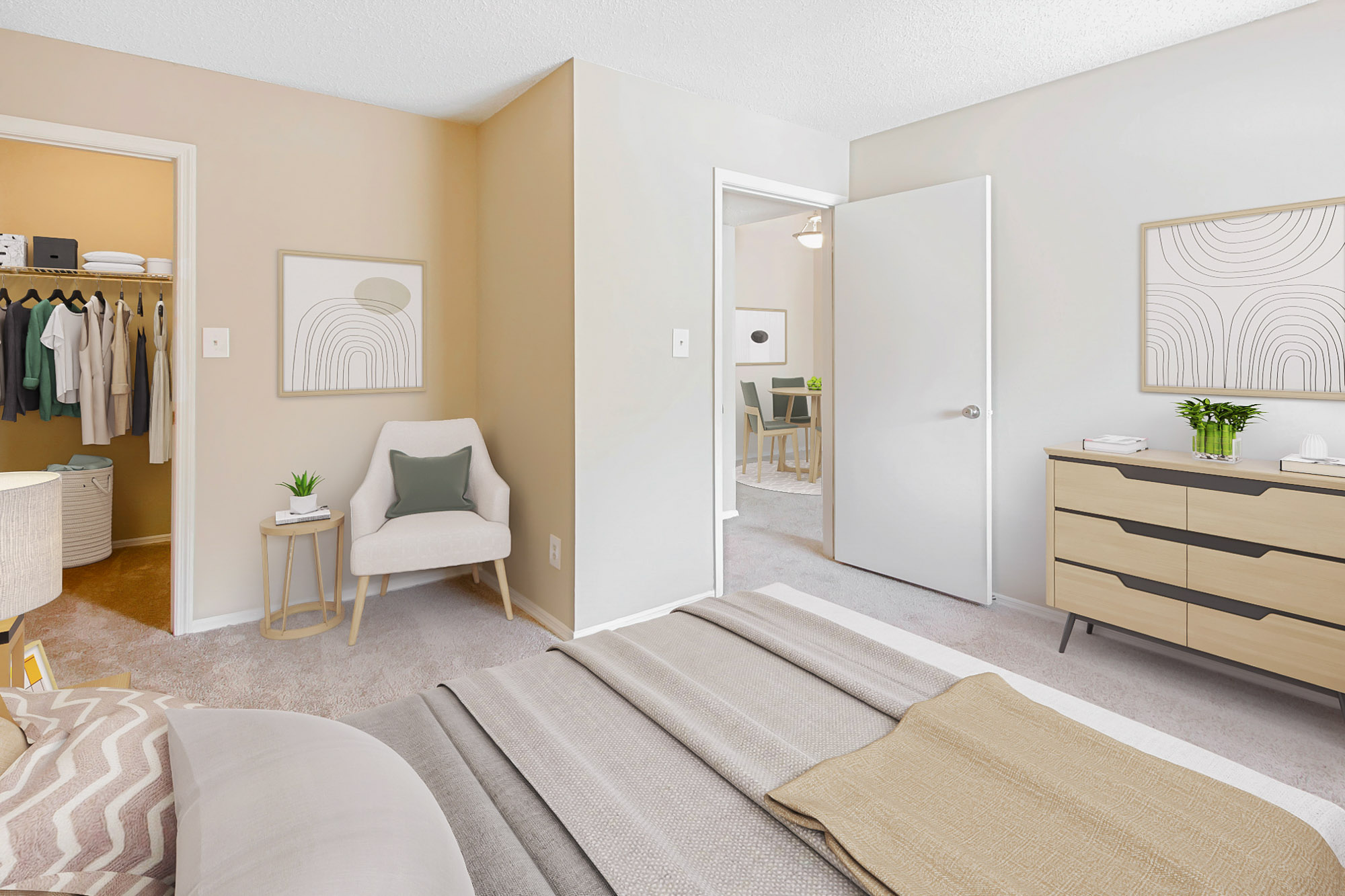 The bedroom in an apartment at The Dawson in Tampa, Florida.