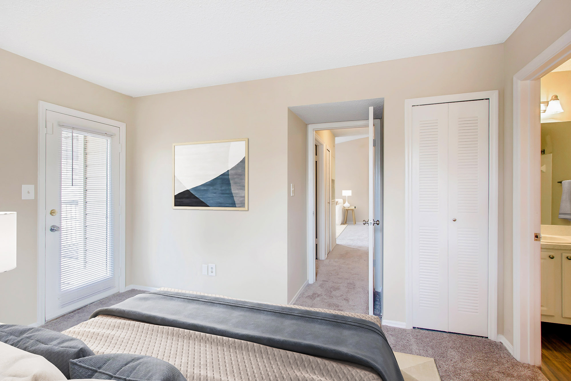 The bedroom in an apartment at The Dawson in Tampa, Florida.