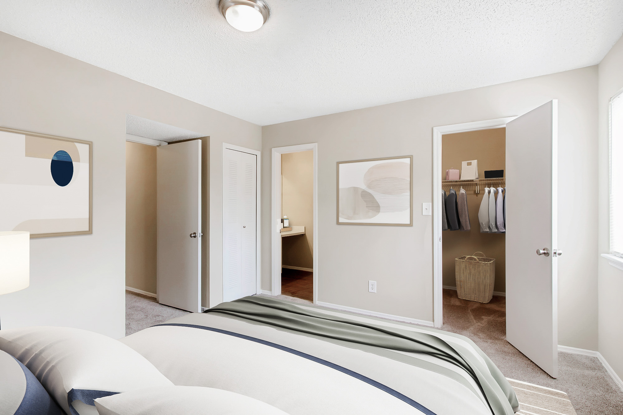 The bedroom in an apartment at The Dawson in Tampa, Florida.