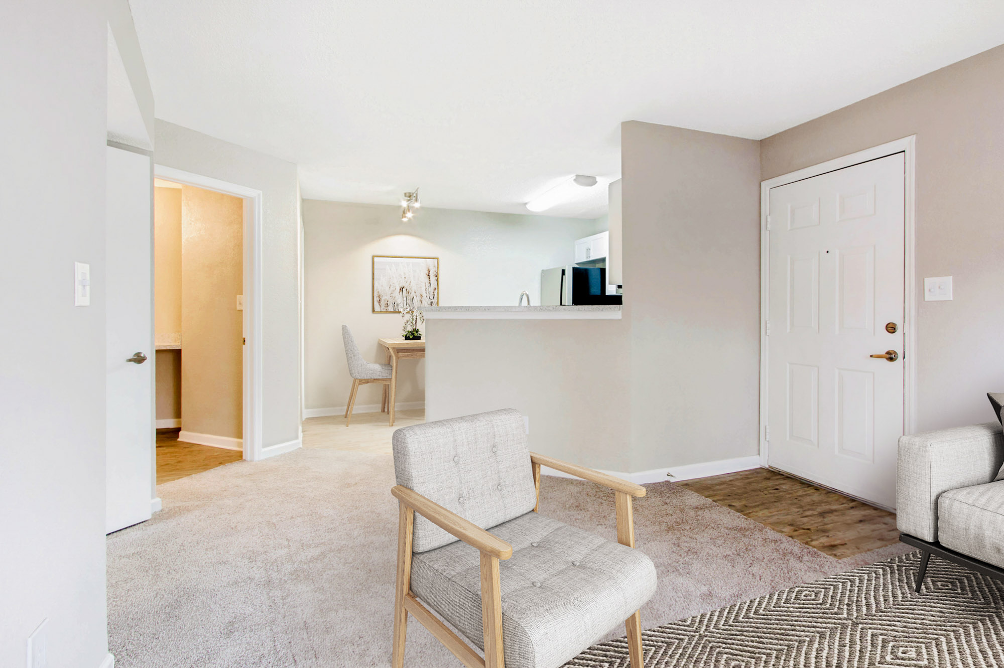 The living area in an apartment at The Dawson in Tampa, Florida.