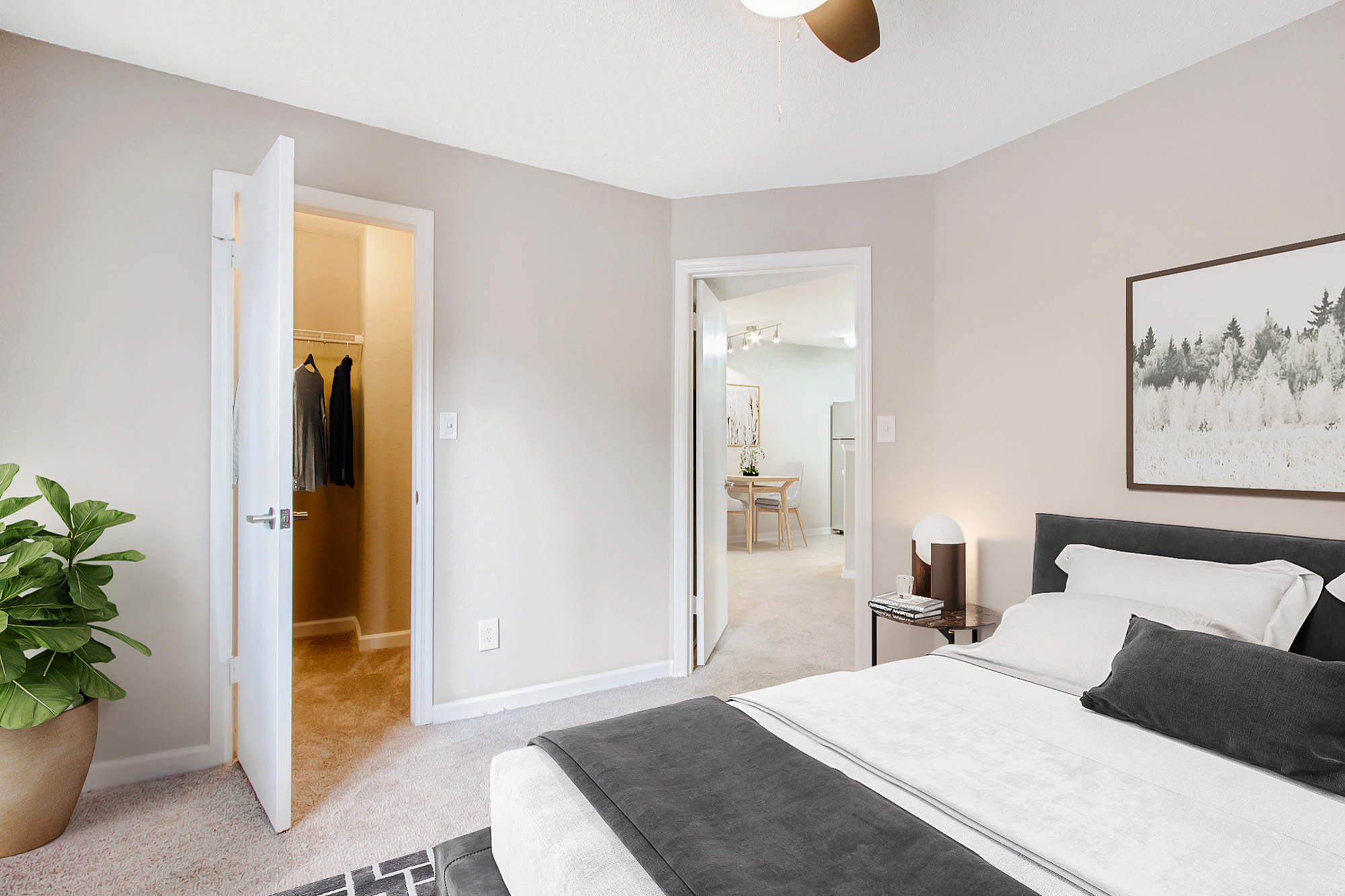 The bedroom in an apartment at The Dawson in Tampa, Florida.