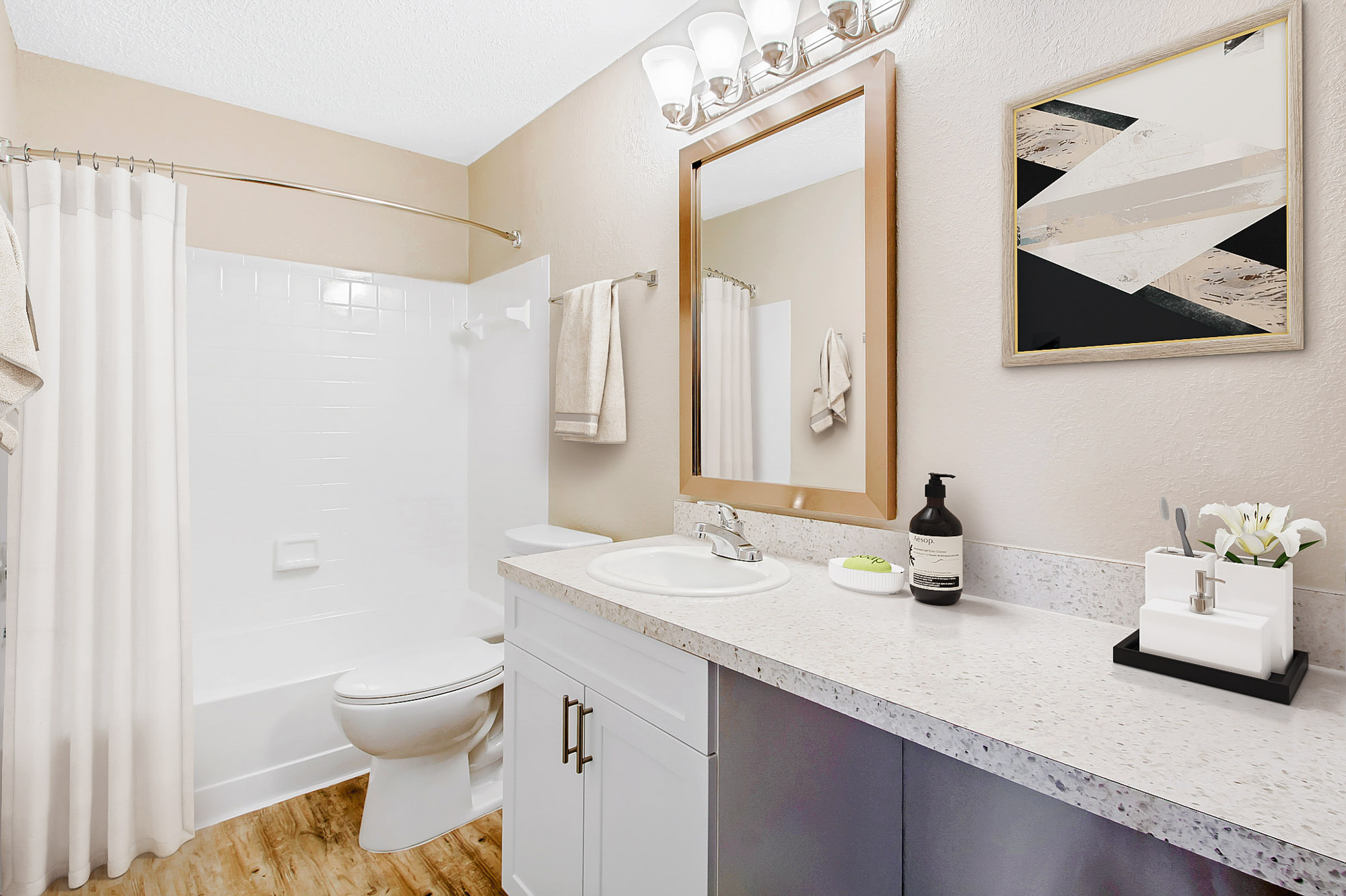 The bathroom in an apartment at The Dawson in Tampa, Florida.