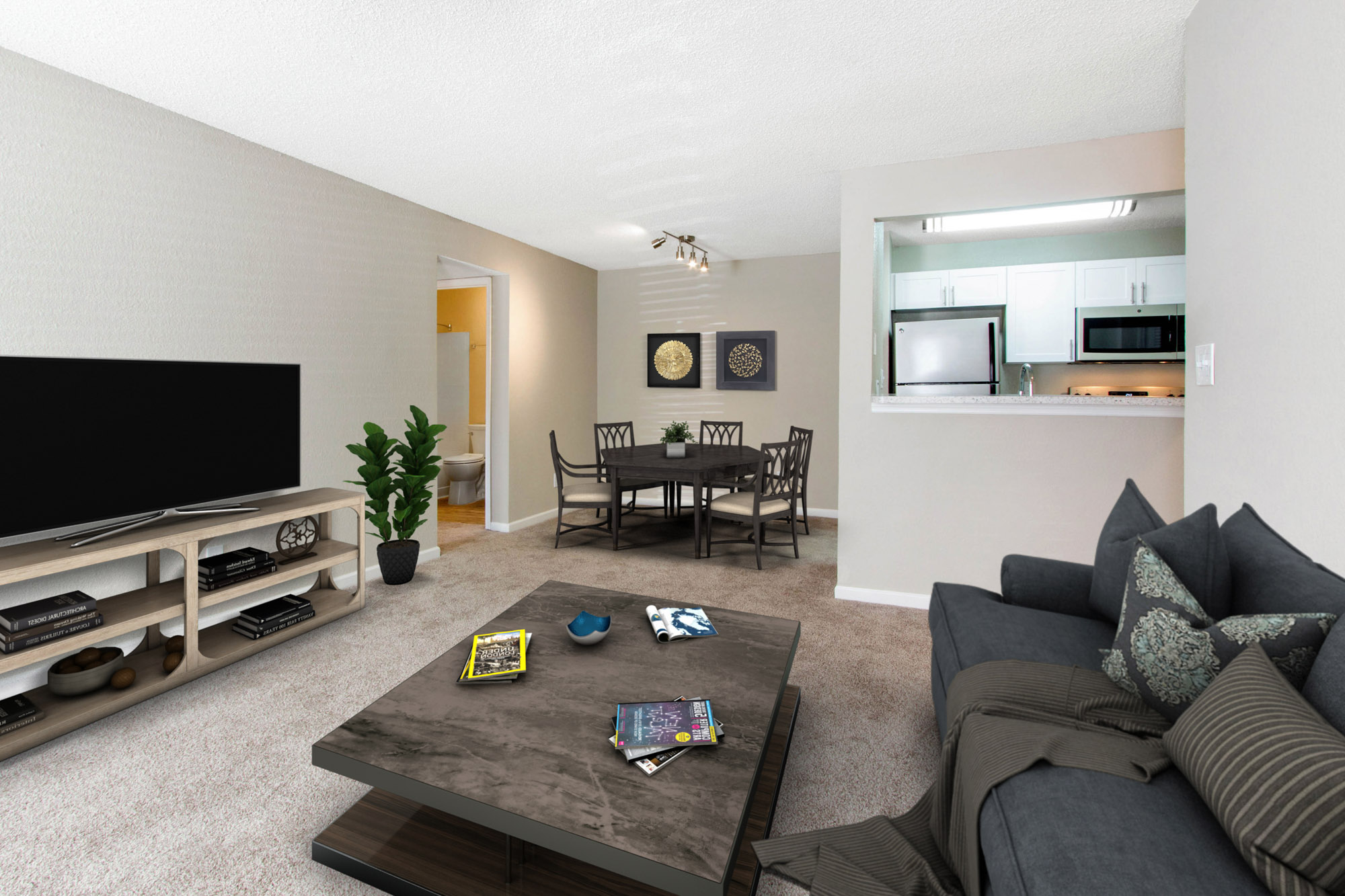 The living area in an apartment at The Dawson in Tampa, Florida.