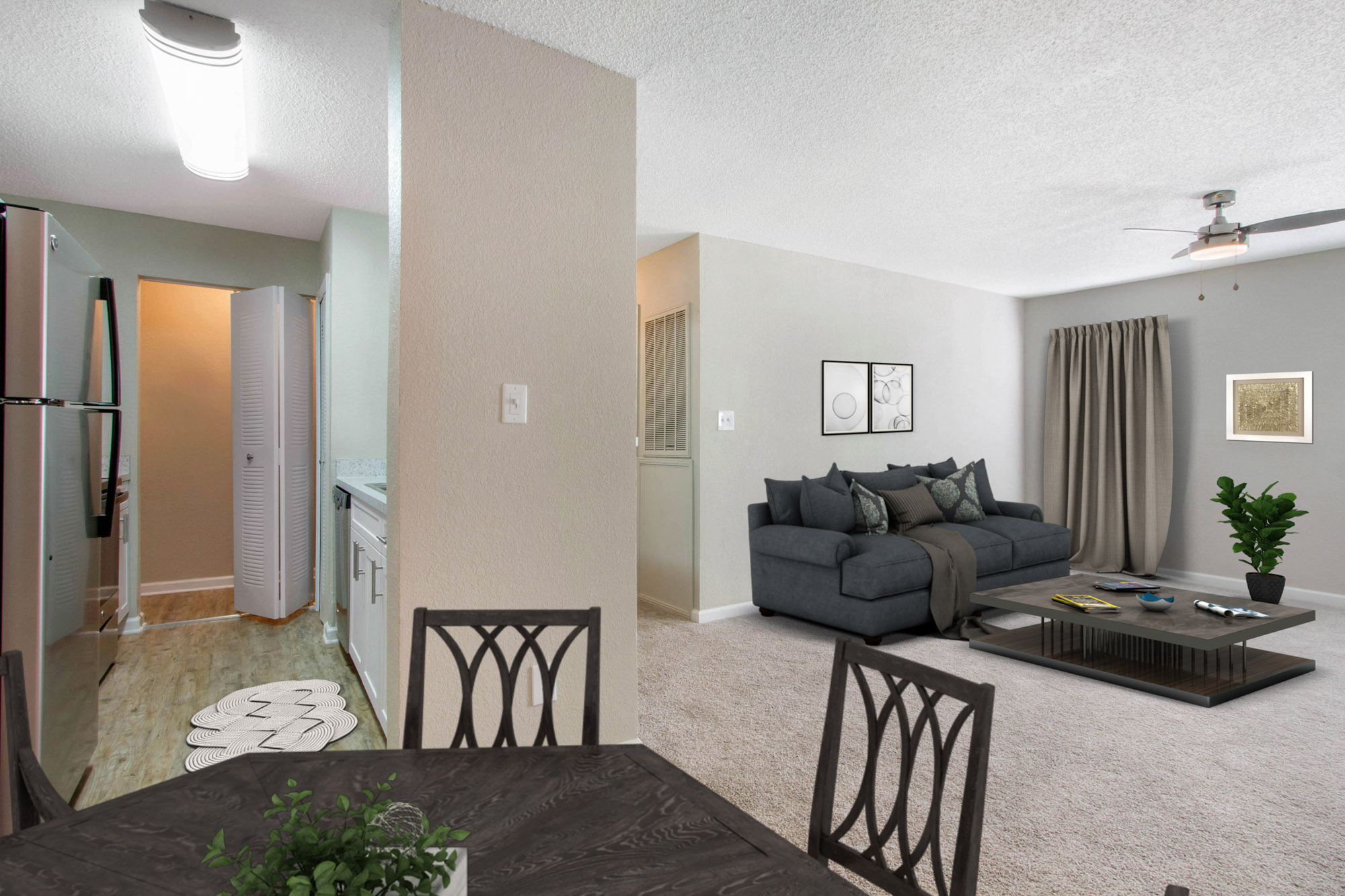 The living area in an apartment at The Dawson in Tampa, Florida.