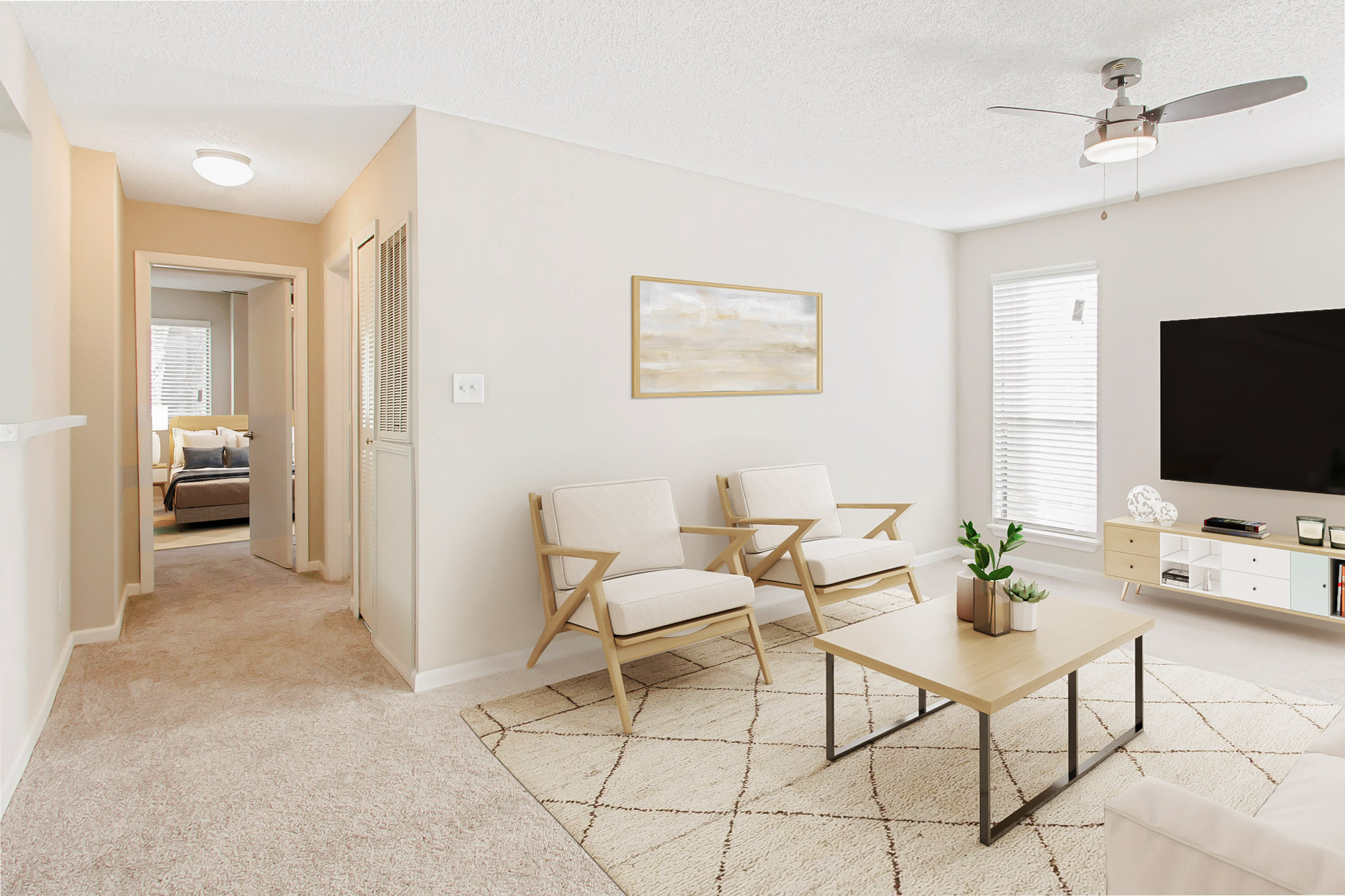 The living area in an apartment at The Dawson in Tampa, Florida.