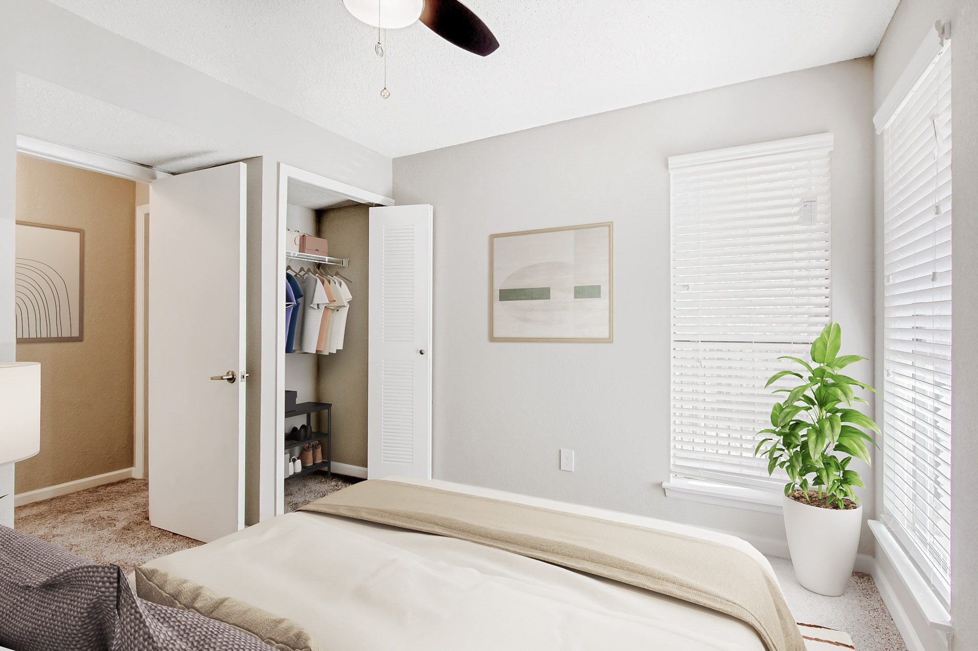 The bedroom in an apartment at The Dawson in Tampa, Florida.