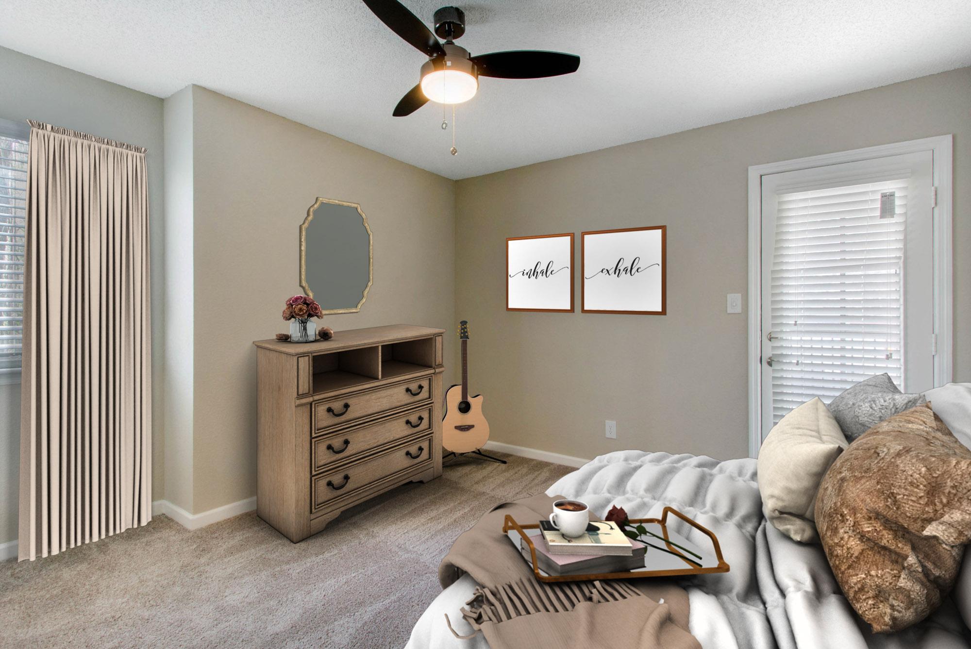 The bedroom in an apartment at The Dawson in Tampa, Florida.